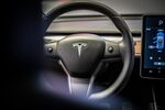 A sits on the steering wheel of a Tesla Inc. Model 3 electric vehicle in the Tesla store in Barcelona, Spain, on Thursday, July 11, 2019. 