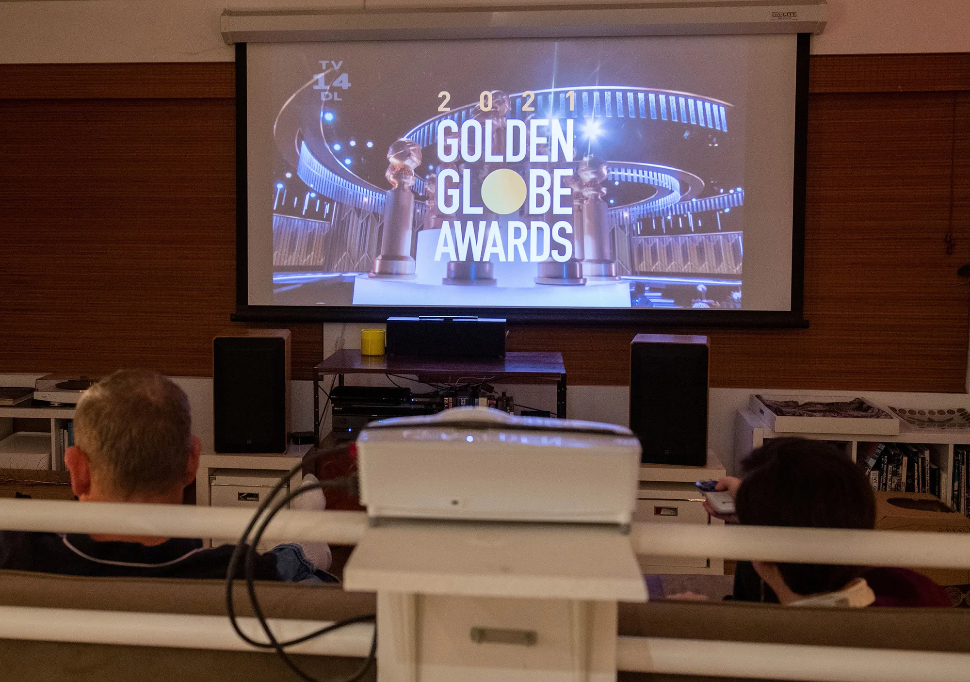 A couple watches the Golden Globe Awards from their home in Eagle Rock, California, on Feb.&nbsp;28.