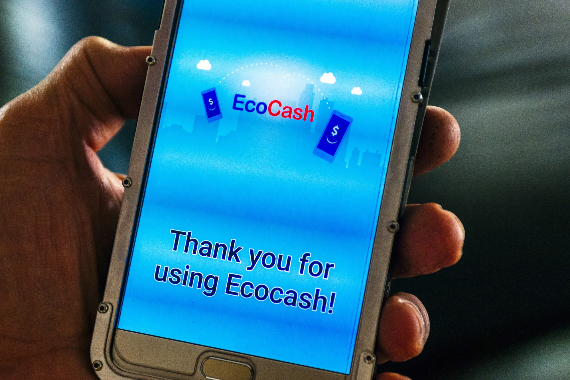 A smartphone screen displays the Econet Wireless Zimbabwe EcoCash mobile payment app in Harare, Zimbabwe