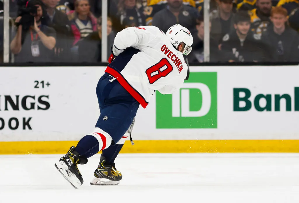 Alex Ovechkin&nbsp;of the Washington Capitals shoots during the second period against the Boston Bruins at TD Garden