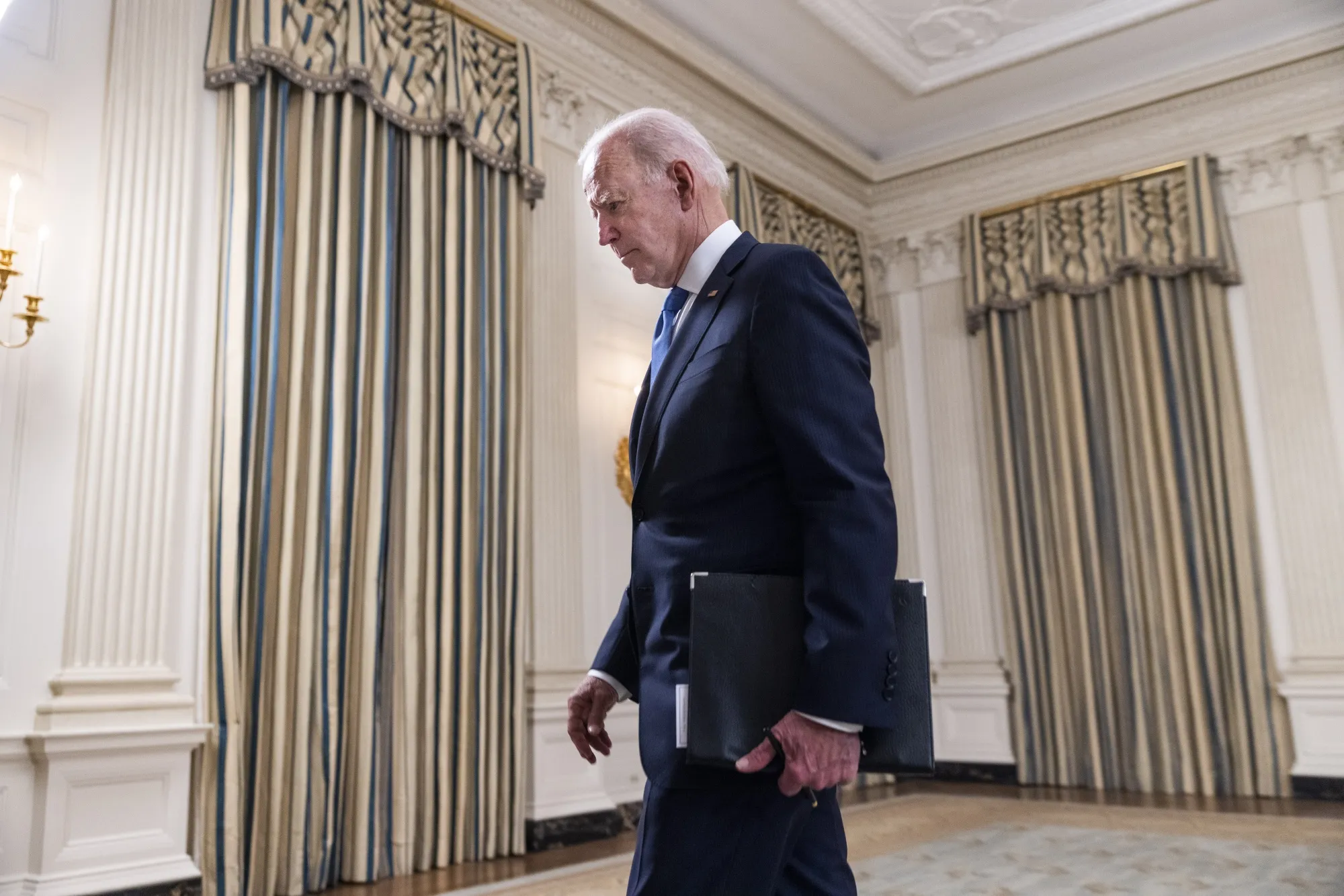 President Joe Biden departs after delivering remarks on his American Rescue Plan, in Washington, D.C., U.S., on May 5.