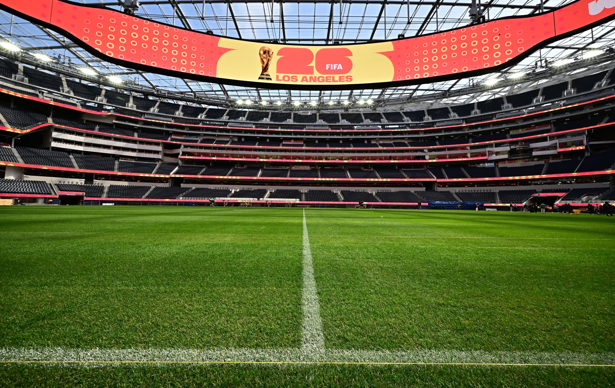 The new test pitch for the 2026 World Cup at Sofi Stadium, revealed to the media in Inglewood, California on March 13, 2025. The pitch will be used for the upcoming Concacaf Nations League semifinals on March 20 when the US play Panama and Canada plays Mexico. (Photo by Frederic J. BROWN / AFP) (Photo by FREDERIC J. BROWN/AFP via Getty Images)