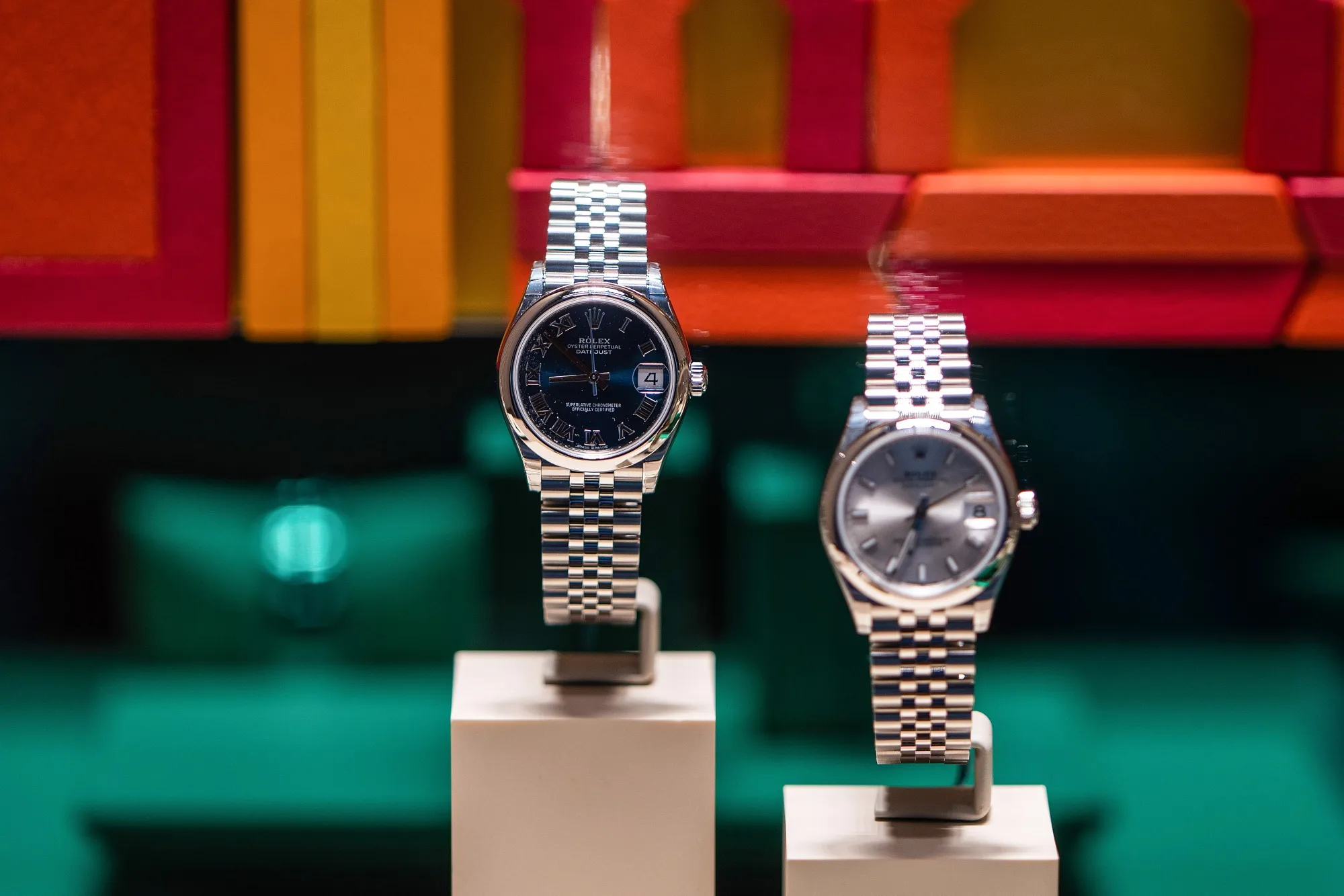 A Rolex SA Oyster Perpetual Datejust watch in the window of a store in Paris.