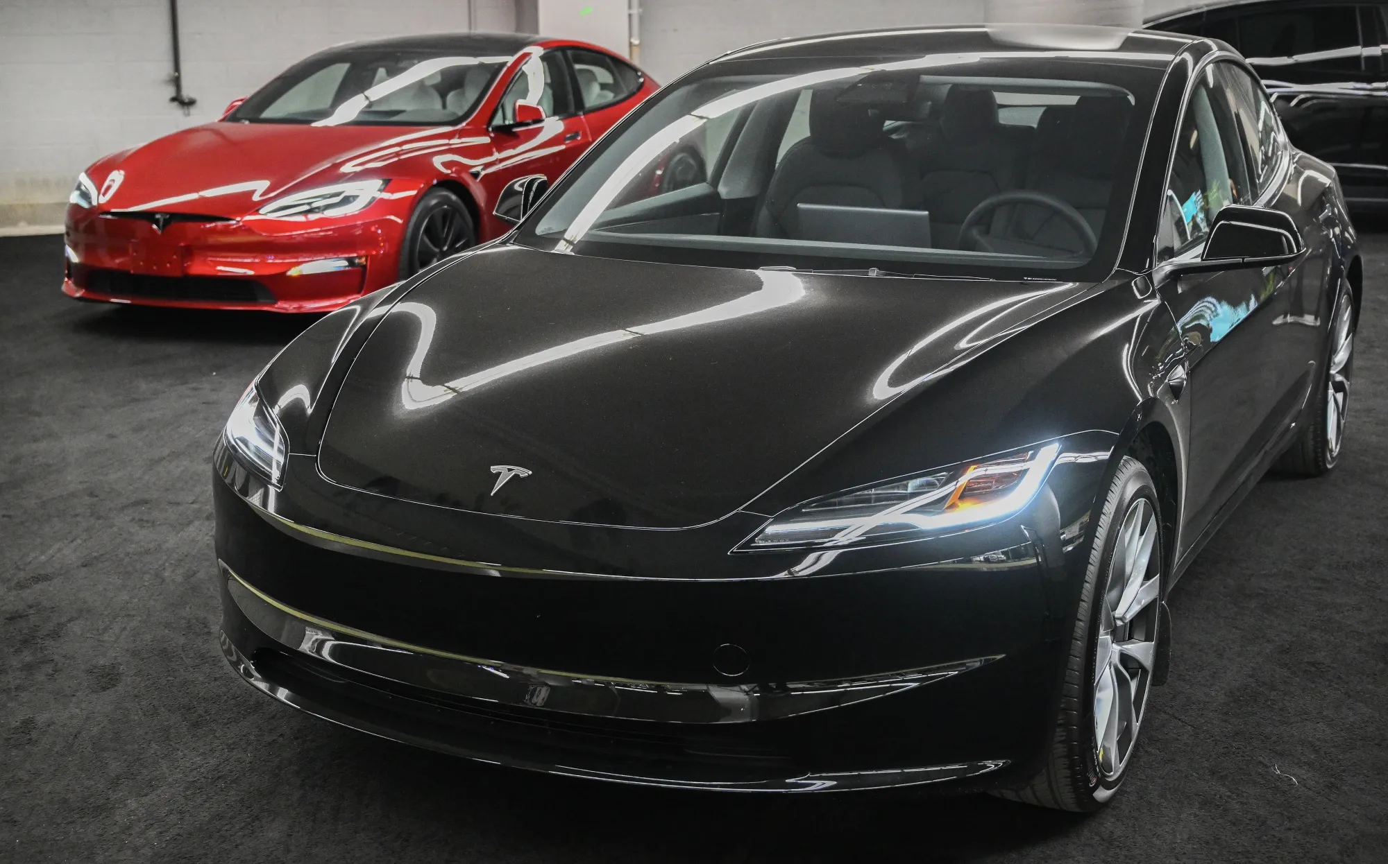 A 2024 Tesla Model 3 during the Montreal Electric Vehicle Show in Montreal.