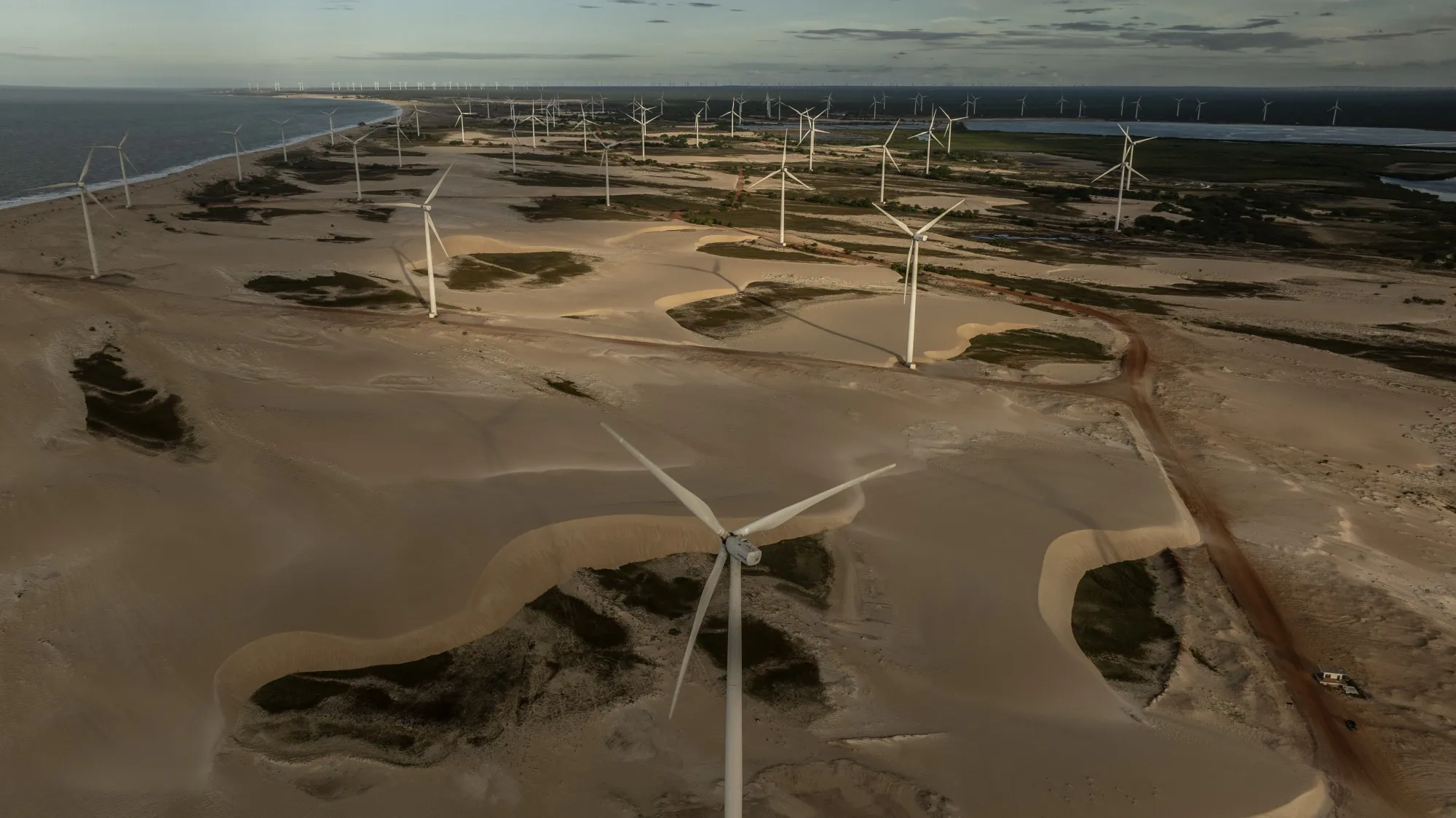Turbines on a wind farm near Galos, Rio Grande do Norte state, Brazil.