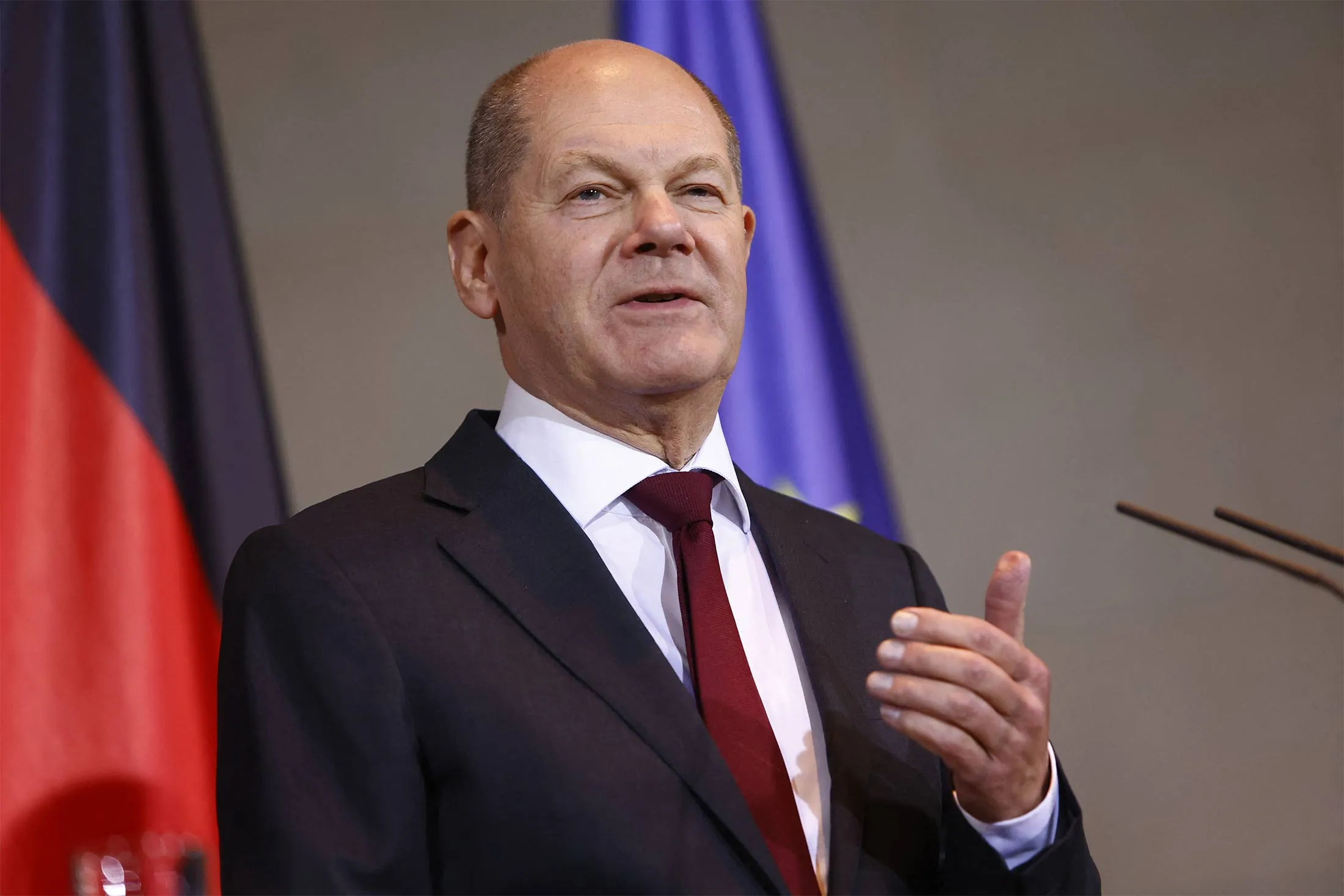 Olaf Scholz speaks during a news conference in Berlin on Dec. 4.