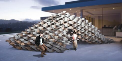 Kengo Kuma's Aluminum Cloud Pavilion is made with hundreds of identical aluminum panels joined by slotting into place without the use of nuts and bolts, a method called Kangou in Japanese. The structure is 26 feet long and 10 feet high. Suggested use: teahouse, meditation.