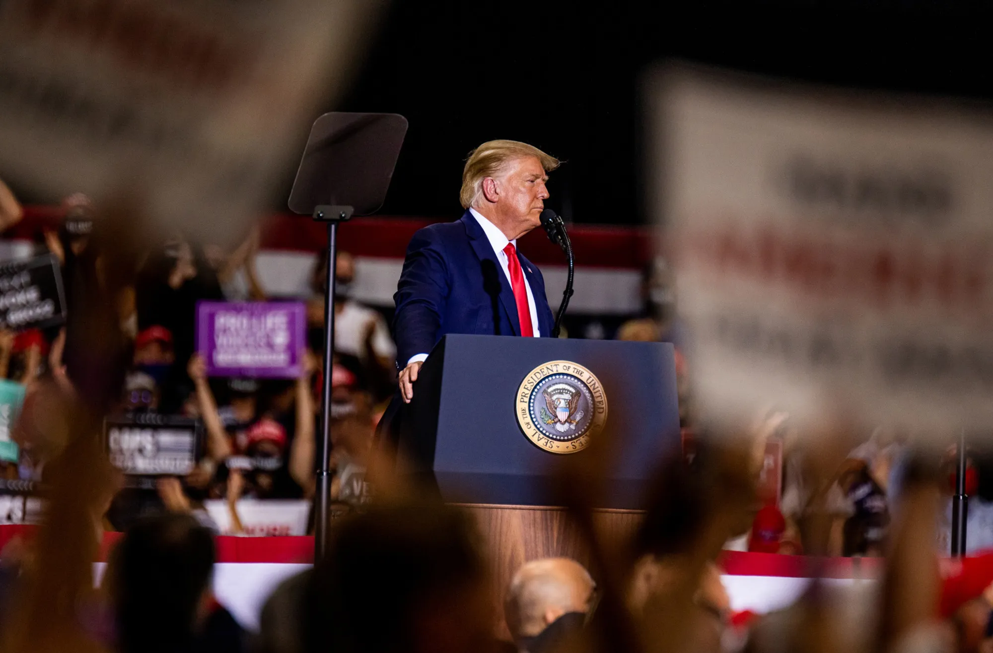 Donald Trump pauses while speaking during a campaign rally at Xtreme Manufacturing’s warehouse in Henderson, Nevada, on Sept. 13.