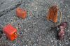 A caribou head with muscles exposed is lying on pebbled ground with strips of salmon hanging from its antlers. Two plastic orange gasoline containers are off to the side.