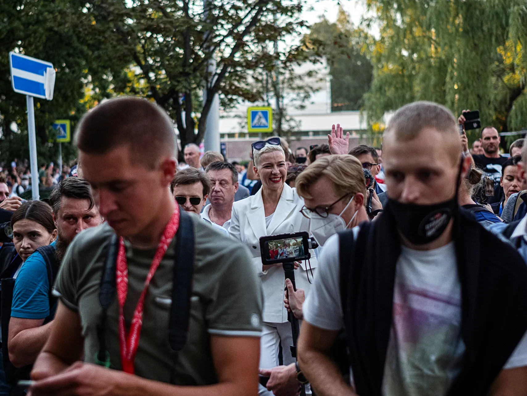 Maria Kalesnikava greets supporters in Minsk, Belarus, on Aug. 9.