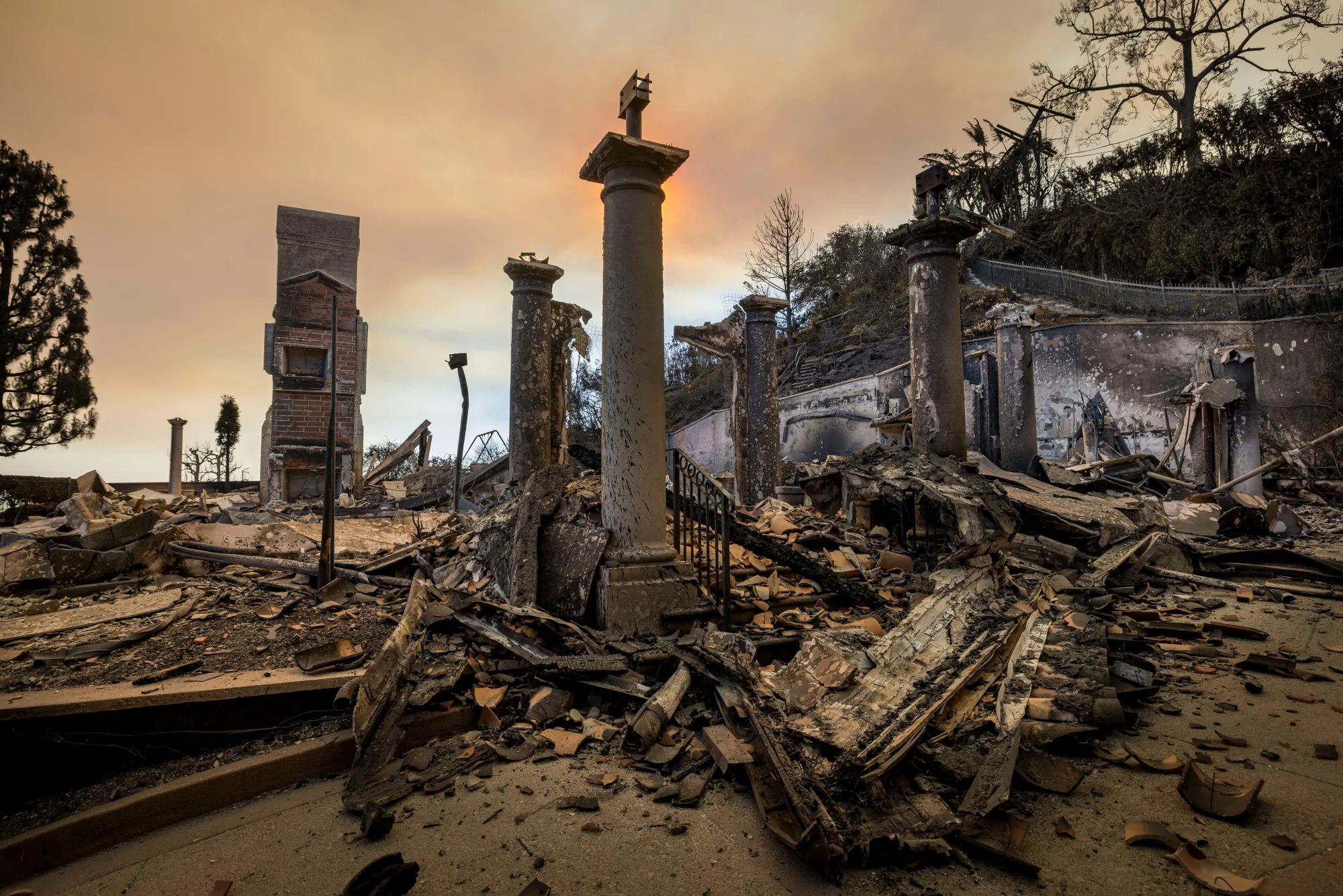 Columns amongst the ruins of a home following the Palisades Fire in the Pacific Palisades neighborhood of Los Angeles in January 2025. 