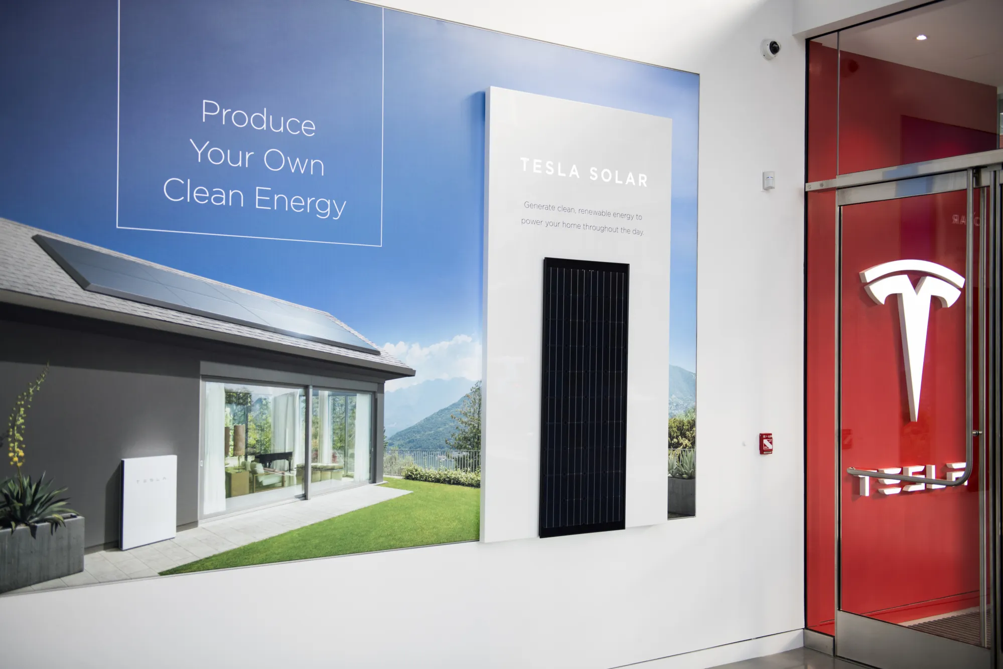 A solar panel is displayed on a wall at aTesla&nbsp;showroom in New York.