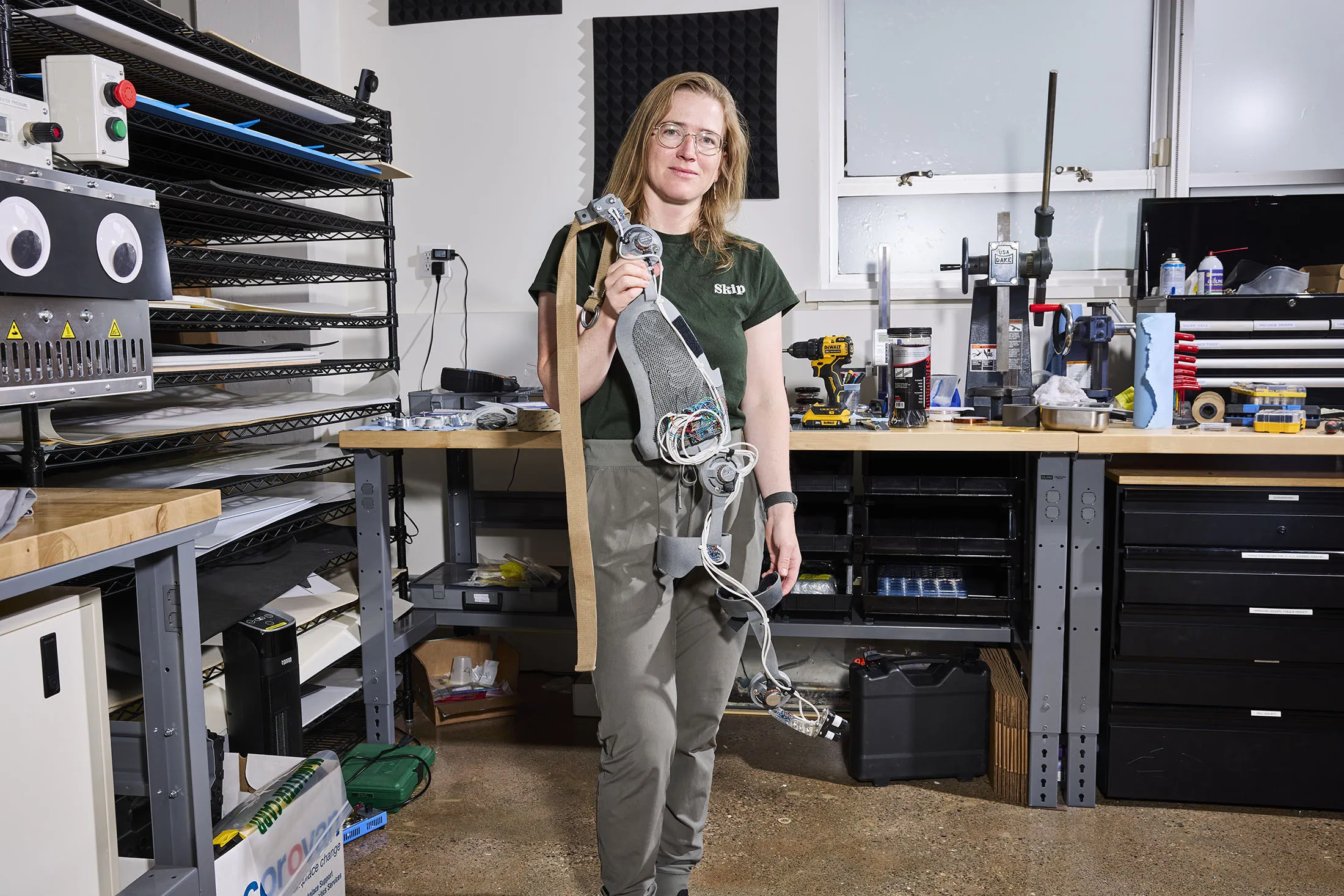 Skip co-founder Kathryn Zealand&nbsp;holds the first functional prototype of the startup’s wearable tech at its San Francisco labs.