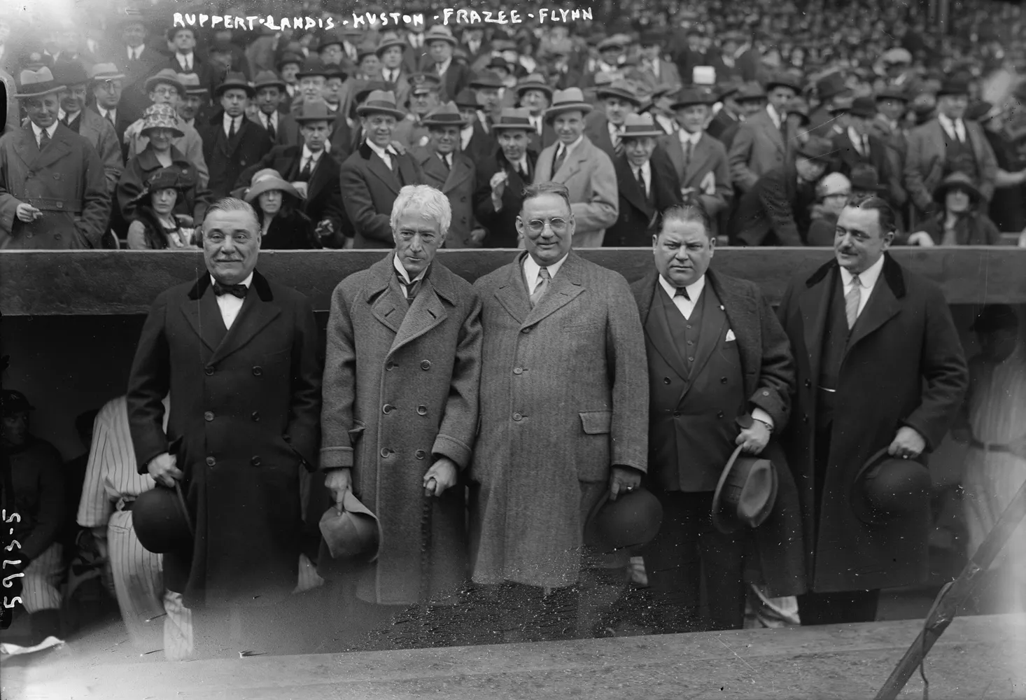Opening Day, 1923, at the brand-new Yankee Stadium. Left to right are Yankees co-owner Jacob Ruppert, baseball commissioner Judge Kenesaw Mountain Landis, Ruppert’s partner Tillinghast L’Hommedieu Huston, Red Sox owner Harry Frazee, and Ed Flynn, the future “boss of the Bronx.”