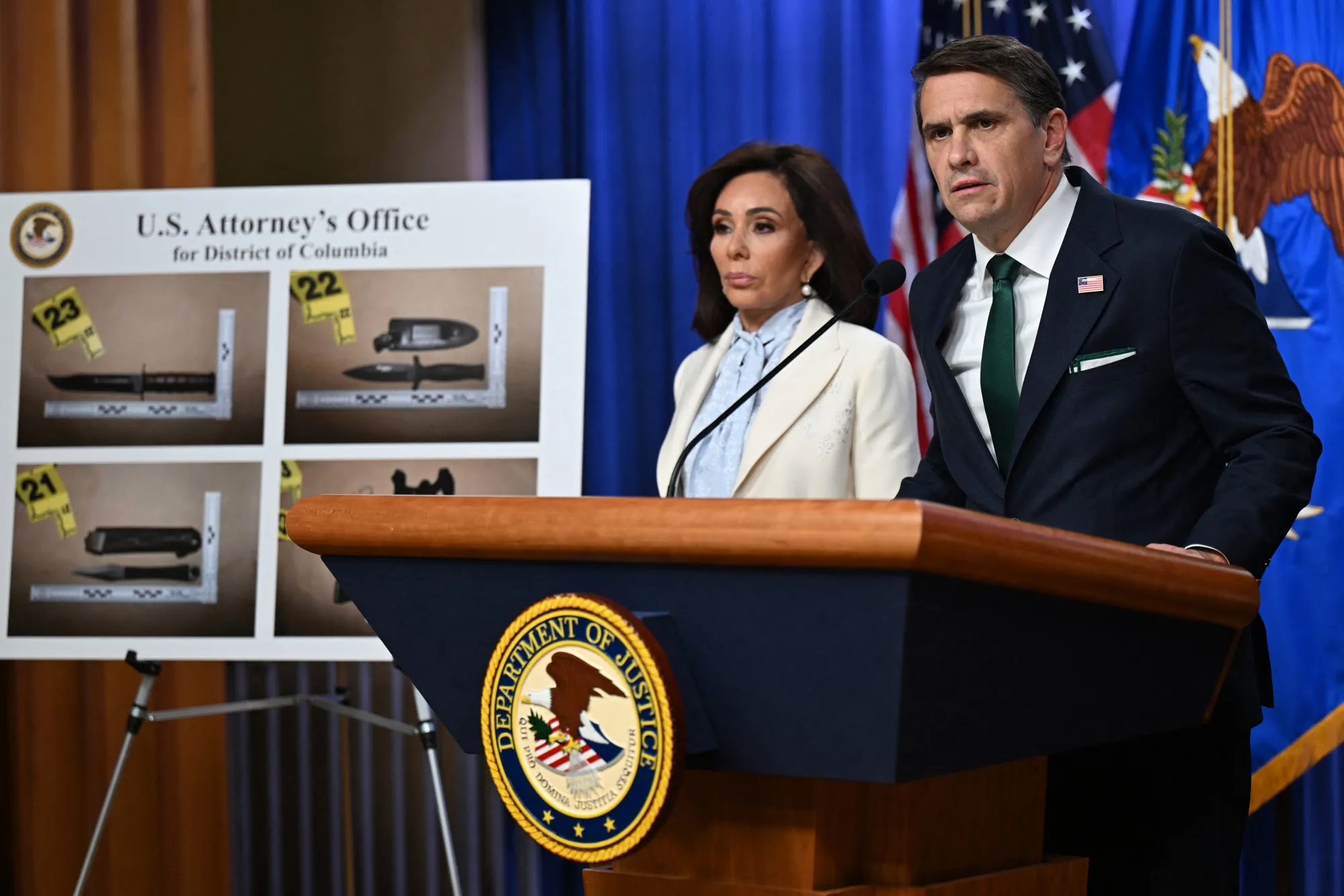 Todd Blanche, right, and Jeanine Pirro during a&nbsp;news conference on April 27.