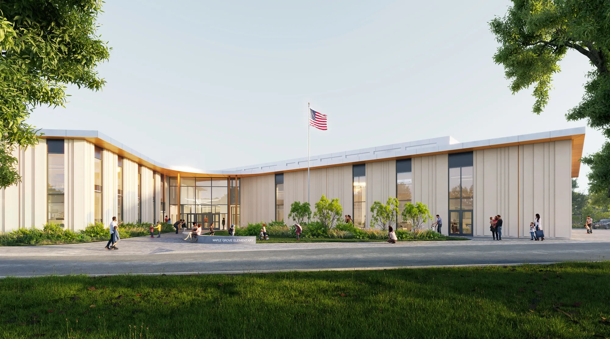 A rendering of Maple Grove Elementary, a $60 million public school that will be joining an existing collection of famed modernist civc architecture in Columbus, Indiana.