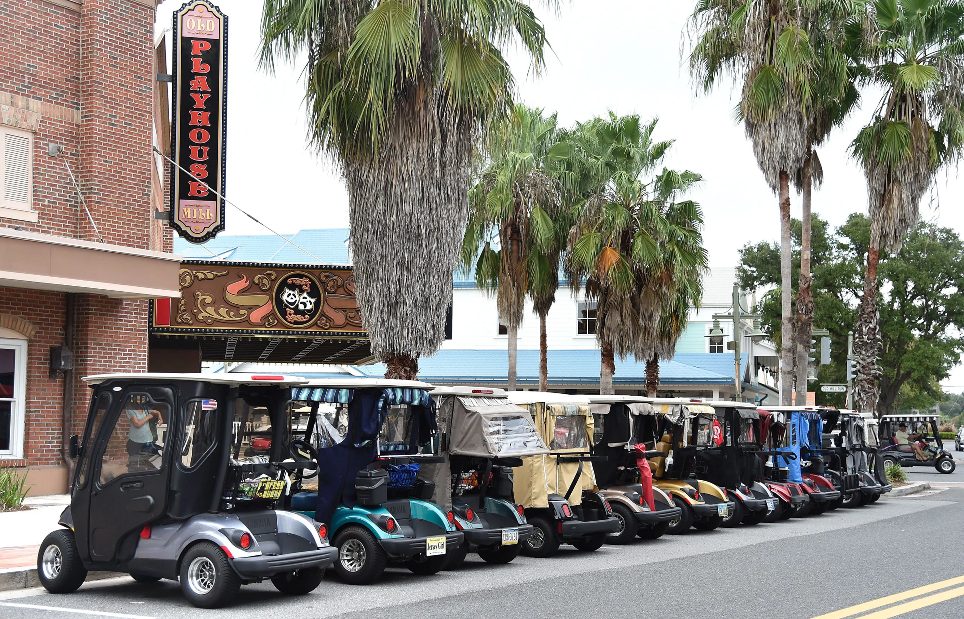 Golf carts line the street in the the Villages retirement community outside of Orlando, Florida.