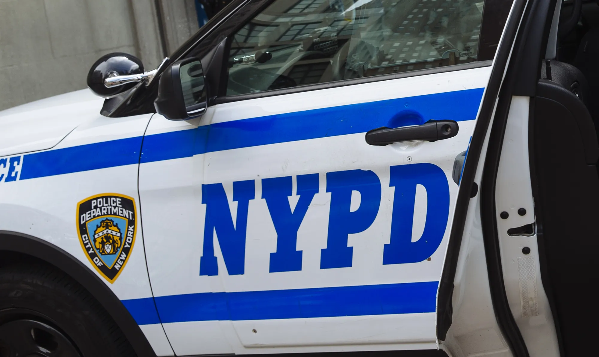 A New York City Police Department vehicle parked outside the 1st Precinct in the Tribeca neighborhood.
