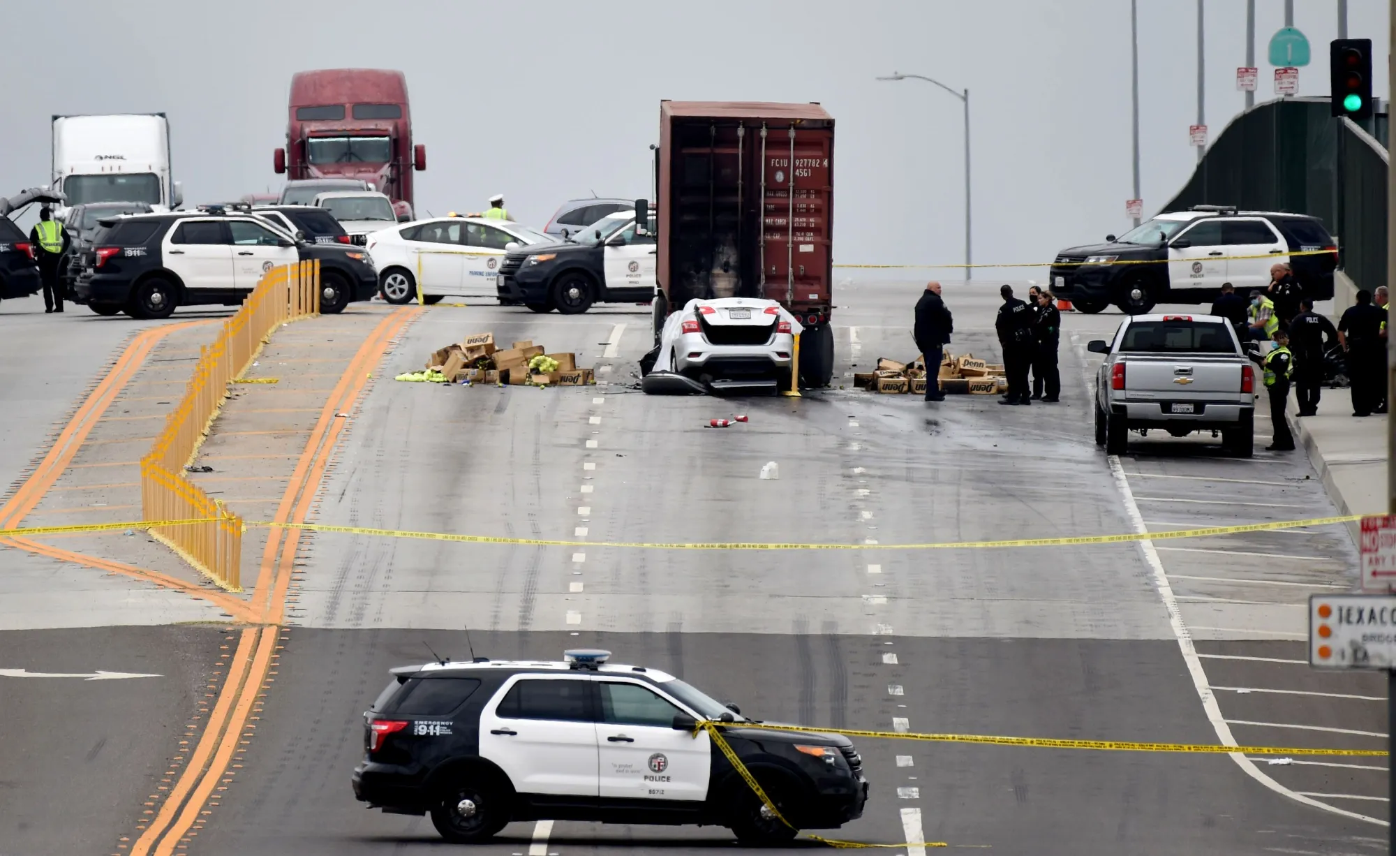 The aftermath of a fatal crash in Long Beach, California, in June. As traffic jams subsided during the pandemic, traffic deaths surged.&nbsp;