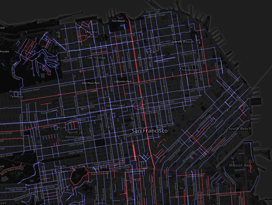 Map of San Francisco, in which blue lines represent male street names and red lines signify female street names.
