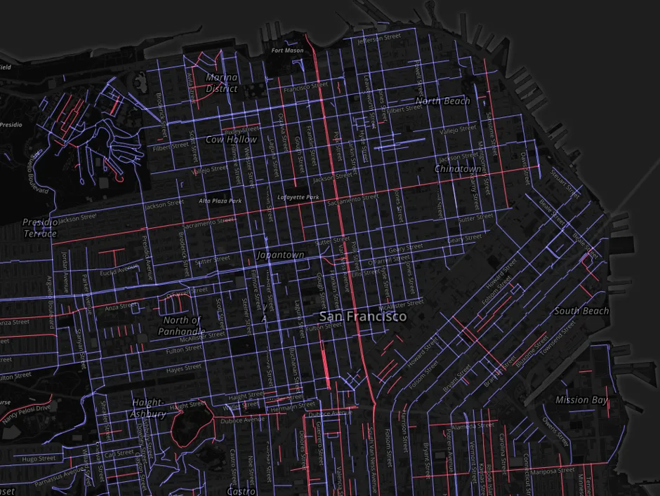 Map of San Francisco, in which blue lines represent male street names and red lines signify female street names.