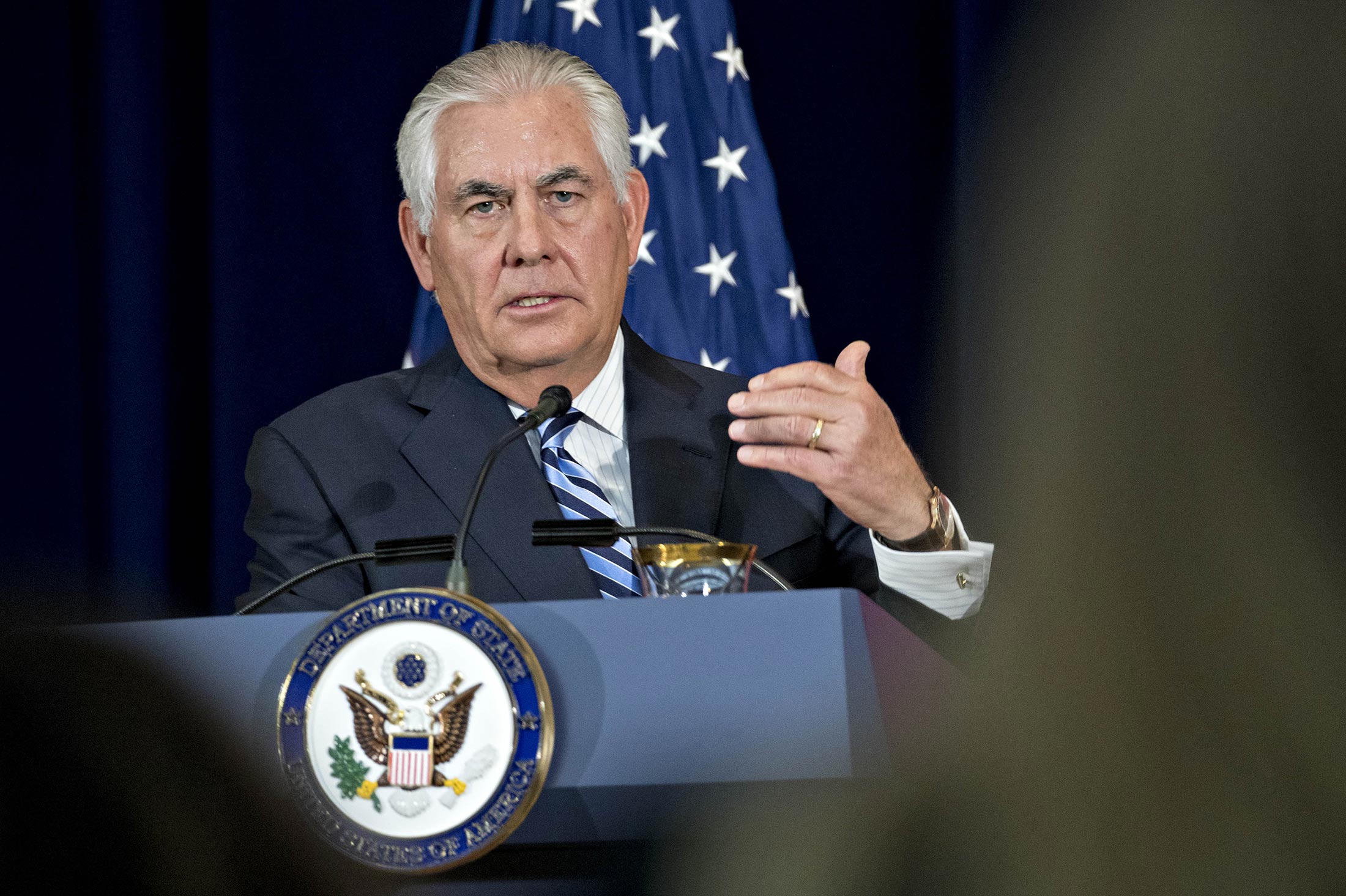 Rex Tillerson, U.S. secretary of State, speaks at a news conference at the State Department in Washington, D.C., on Thursday.
