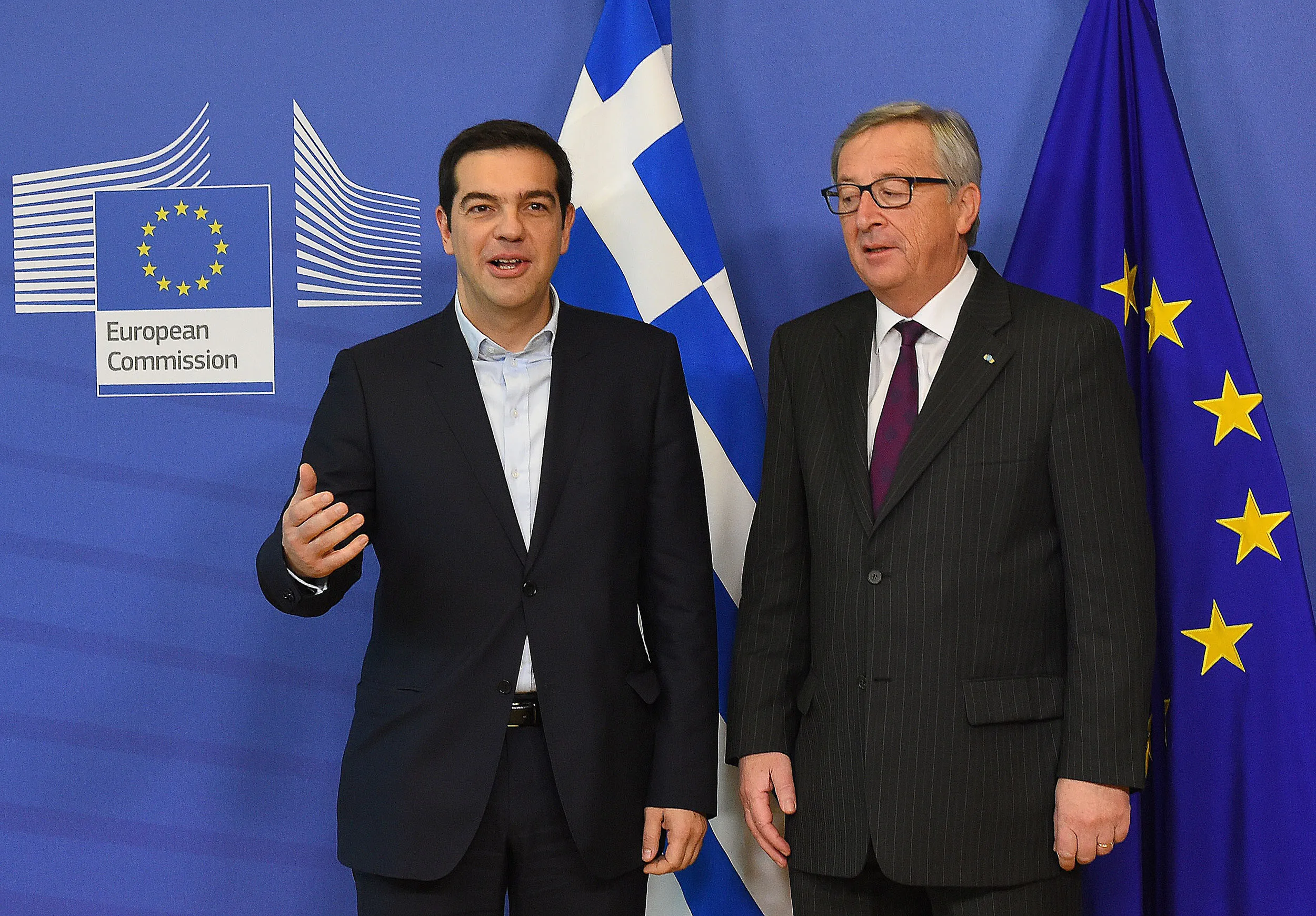 Greek Prime Minister Alexis Tsipras, left, next to European Commission President Jean-Claude Juncker at the European Commission headquarters in Brussels on Feb. 4, 2015.
