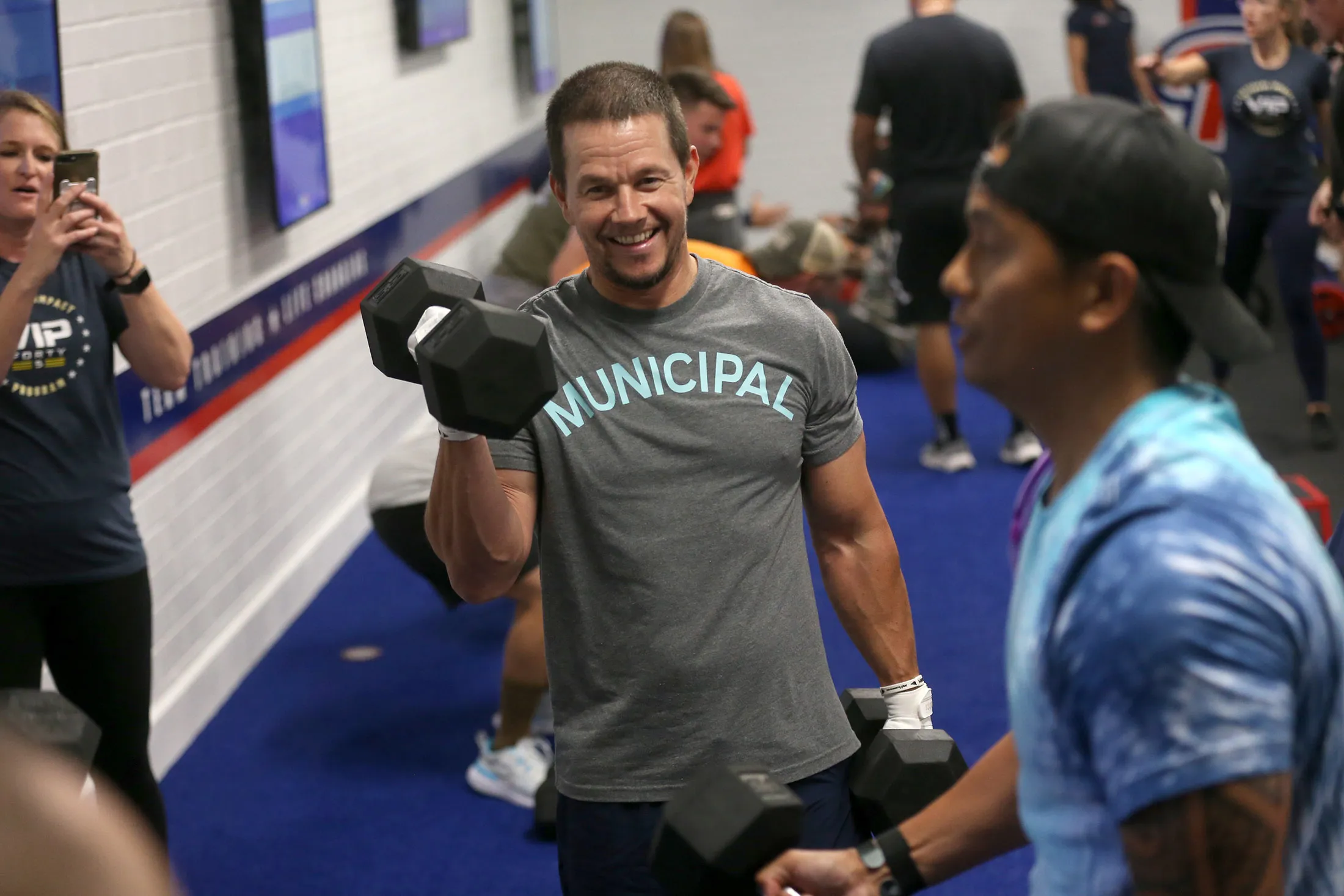 Mark Wahlberg hosts the opening of F45 Training at Miramar MCAs, the first fitness franchise on a U.S. military base, in San Diego, California&nbsp;on June 11.