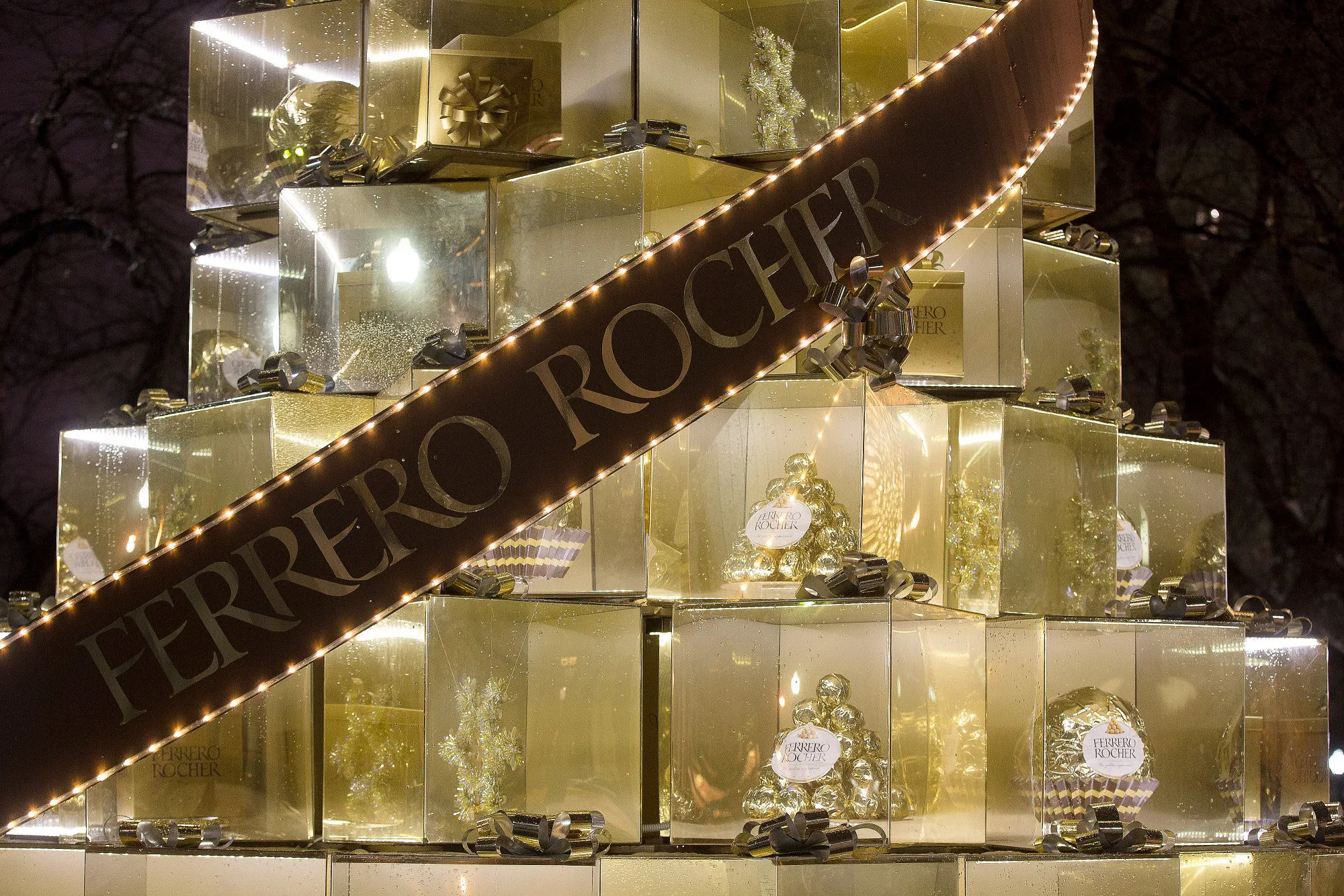 An installation promoting Ferrero Rocher chocolates sits in an outdoor display in Moscow.