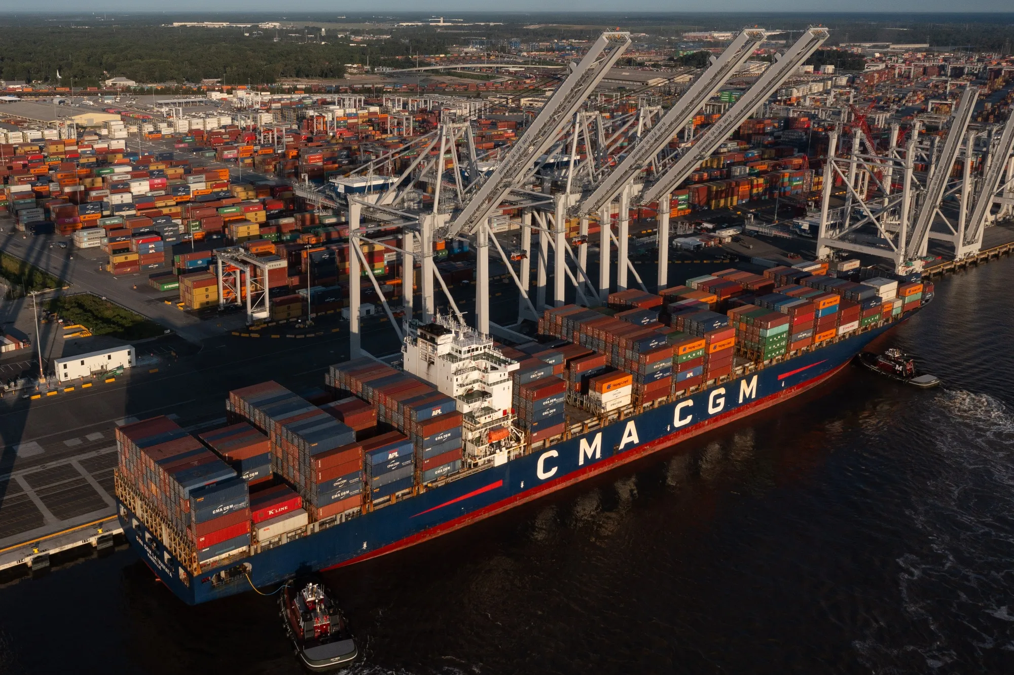 Shipping containers on board a CMA CGM SA ship at the Port of Savannah in&nbsp;Georgia.