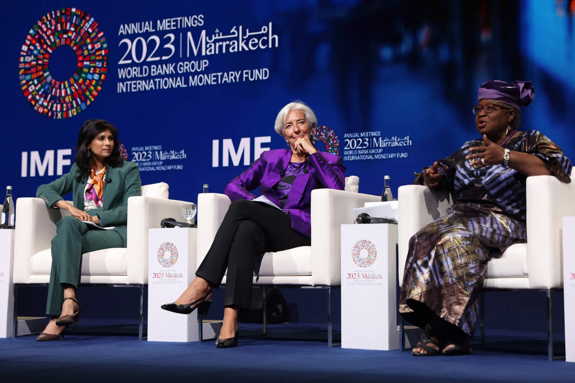 Gita Gopinath, Christine Lagarde, and Ngozi Okonjo-Iweala during a panel session at&nbsp;the International Monetary Fund&nbsp;and World Bank in Marrakesh, Morocco.