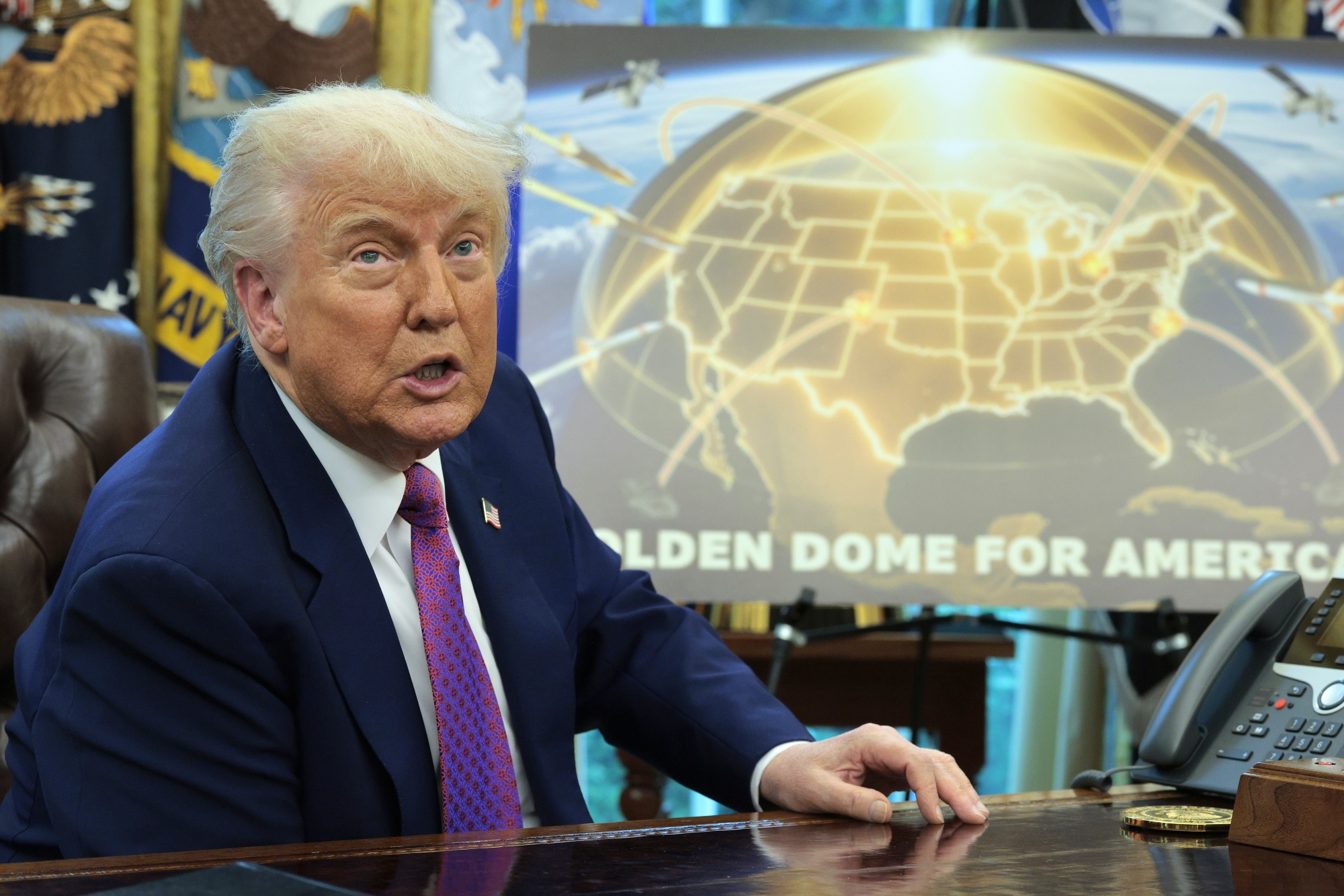 WASHINGTON, DC - MAY 20: U.S. President Donald Trump speaks in the Oval Office at the White House on May 20, 2025 in Washington, DC. President Trump announced his plans for the "Golden Dome," a national ballistic and cruise missile defense system. (Photo by Chip Somodevilla/Getty Images)