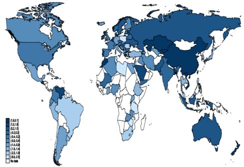 How parenthood correlates with happiness. The darker the blue color, the happier the parents in that country. Parenthood brings a net happiness benefit in just 36 of 105 countries measured.