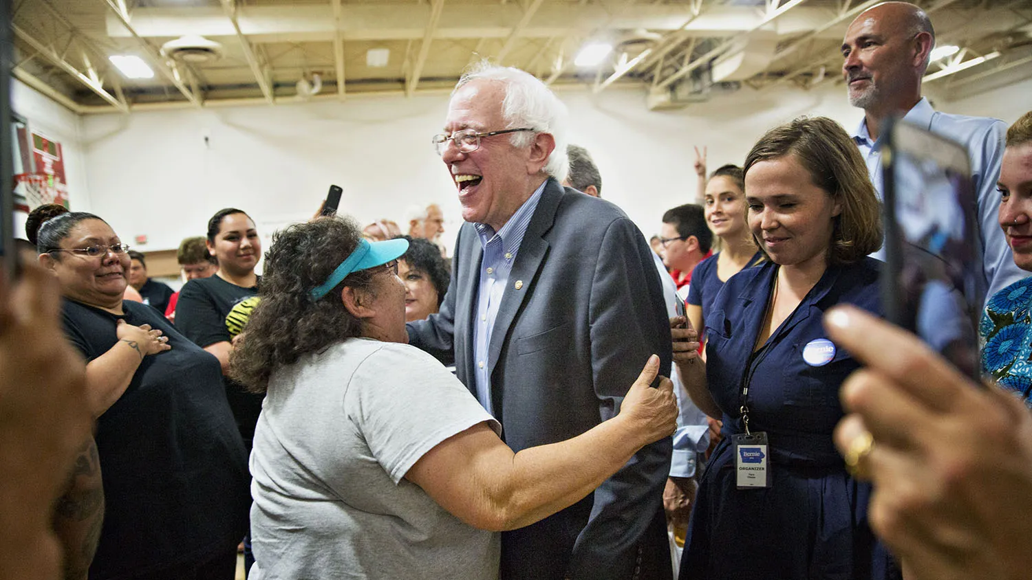 Senator Bernie Sanders, an independent from Vermont and 2016 Democratic presidential candidate, greets attendees after speaking during a Meskwaki Nation Town Meeting at the Meskwaki Tribal Center in Tama, Iowa, U.S., on Friday, Sept. 4, 2015. Sanders said yesterday he doesn't have a foreign policy section on his website's issues page because one of his campaign's problems is that "our support is growing faster than our political infrastructure."
