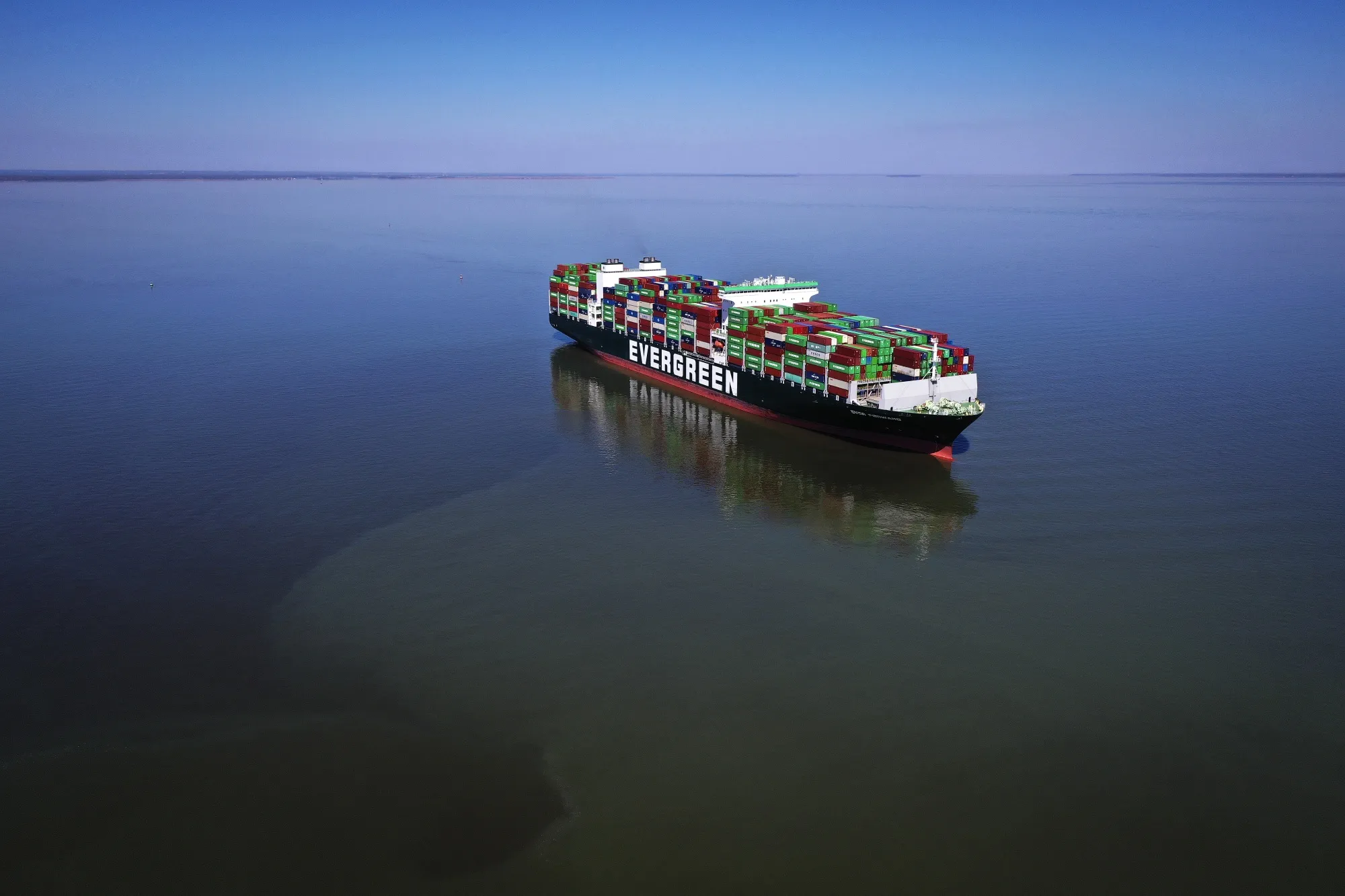 In an aerial view, the Ever Forward container ship is shown in the Chesapeake Bay after it ran aground near Baltimore.