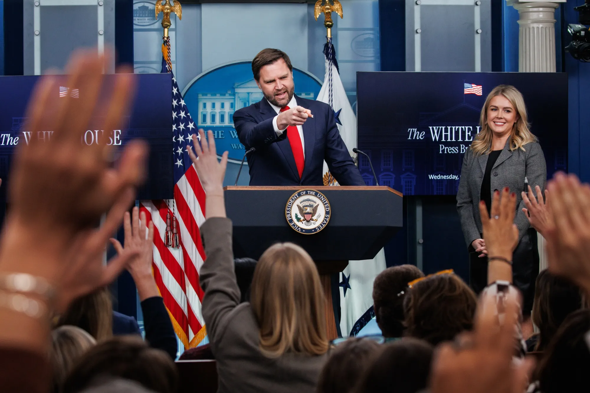 US Vice President JD Vance, left, and Karoline Leavitt, White House press secretary.