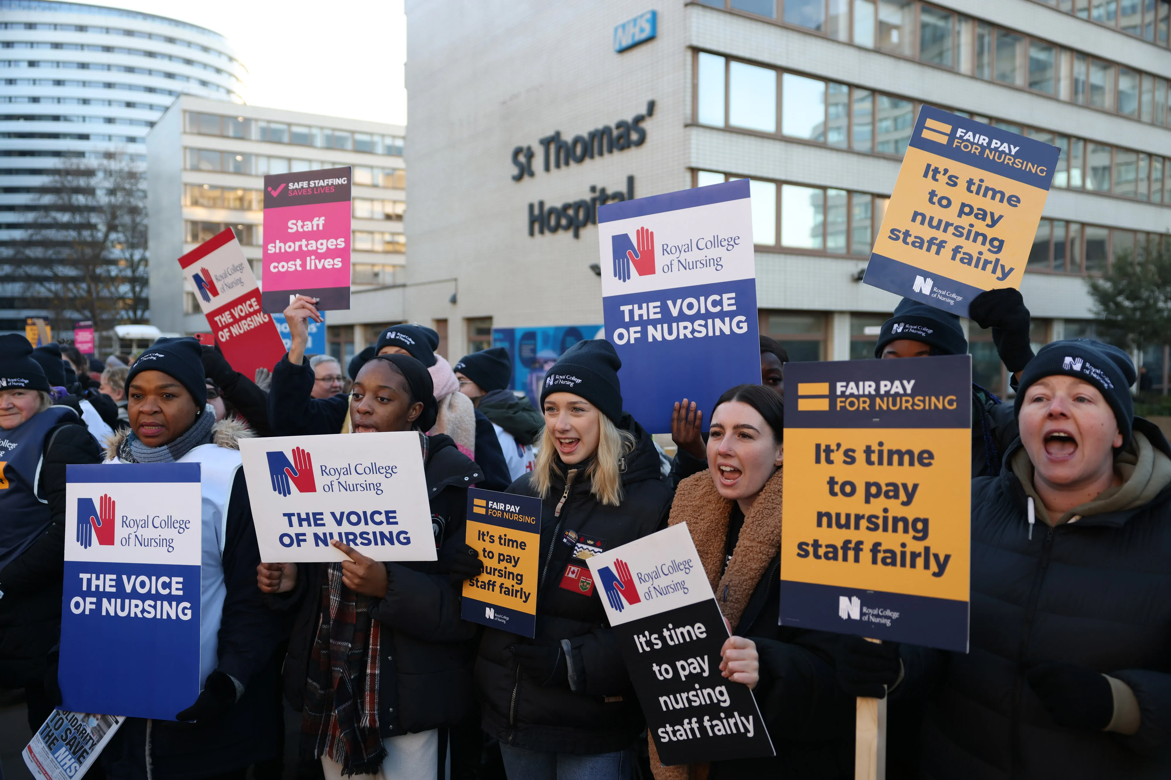 Nurses on a picket line during a strike by NHS nursing staff outside St. Thomas's Hospital in London, on Dec. 15.