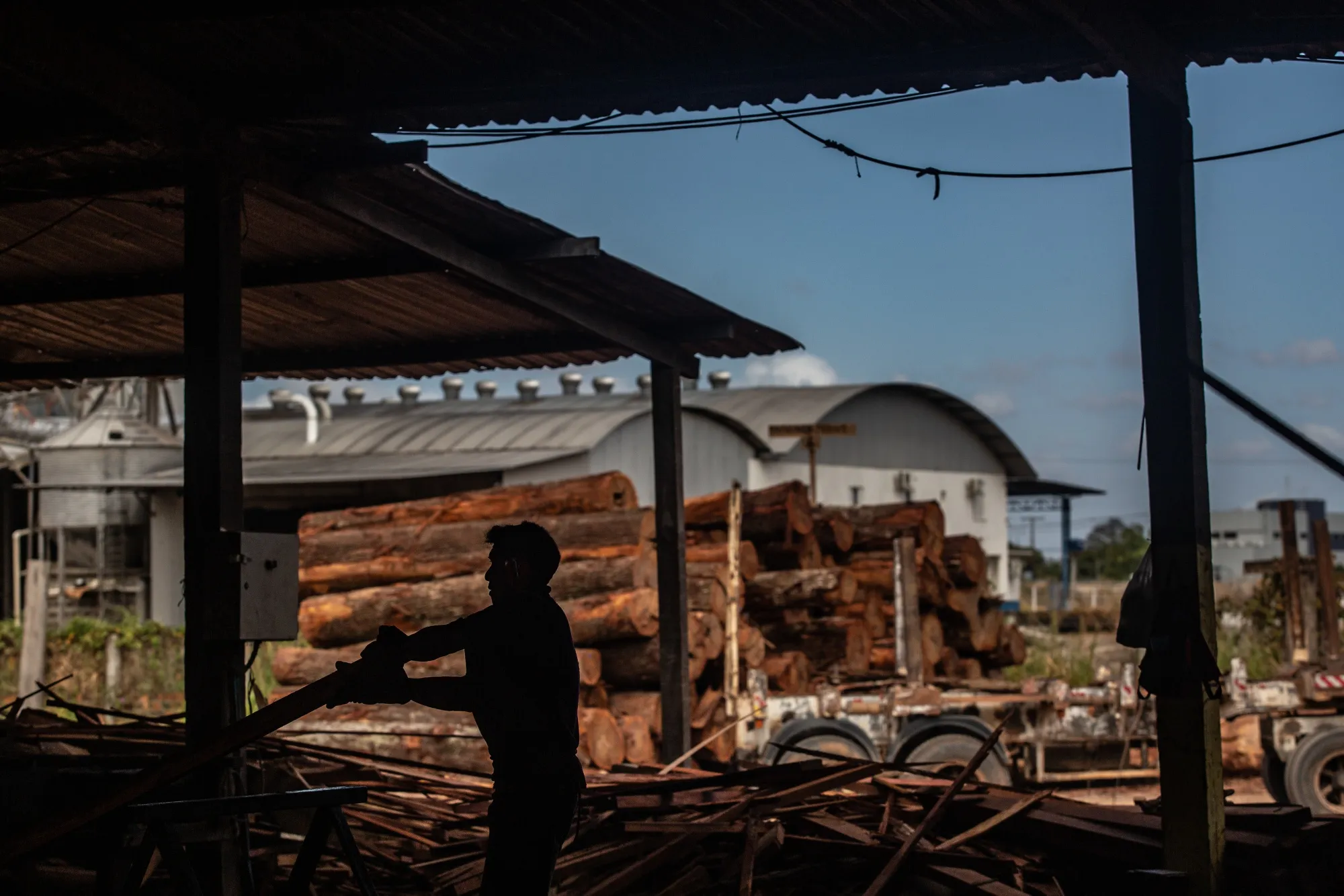 An employee cuts wood logs at a lumber mill near Boa Vista, Roraima state, Brazil.