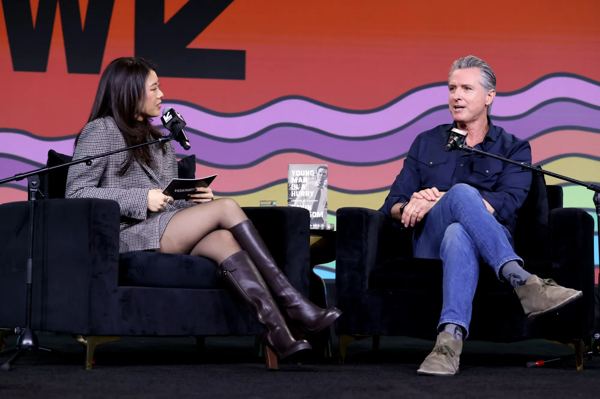 Vivian Tu and Governor Gavin Newsom speak at the Networth and Chill podcast at SXSW on March 15 in Austin, Texas.