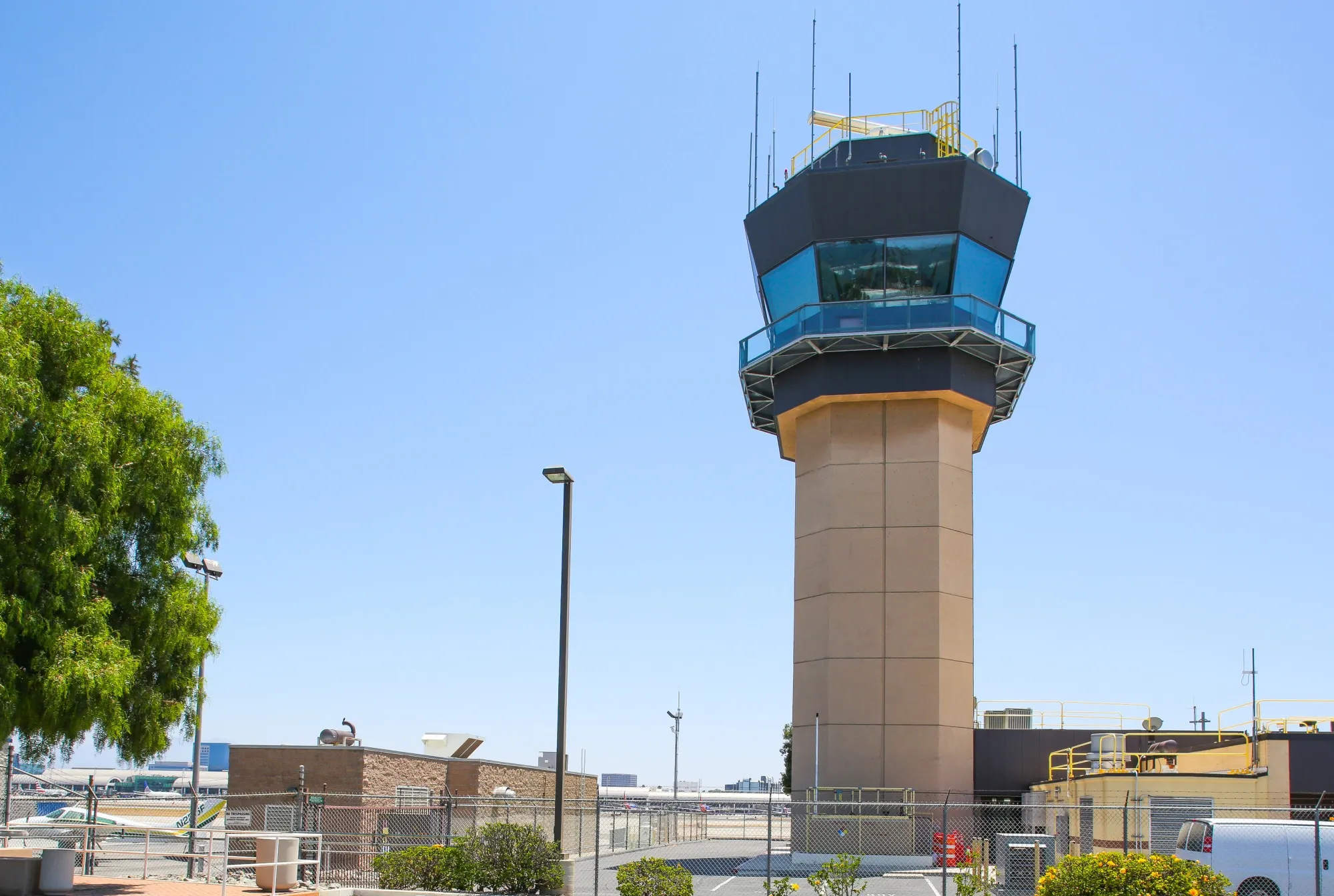 The air traffic control tower at John Wayne Airport in Santa Ana, California.