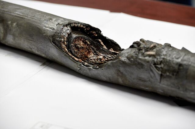A damaged cable removed from the Northeast Corridor train tracks at an office in Newark .