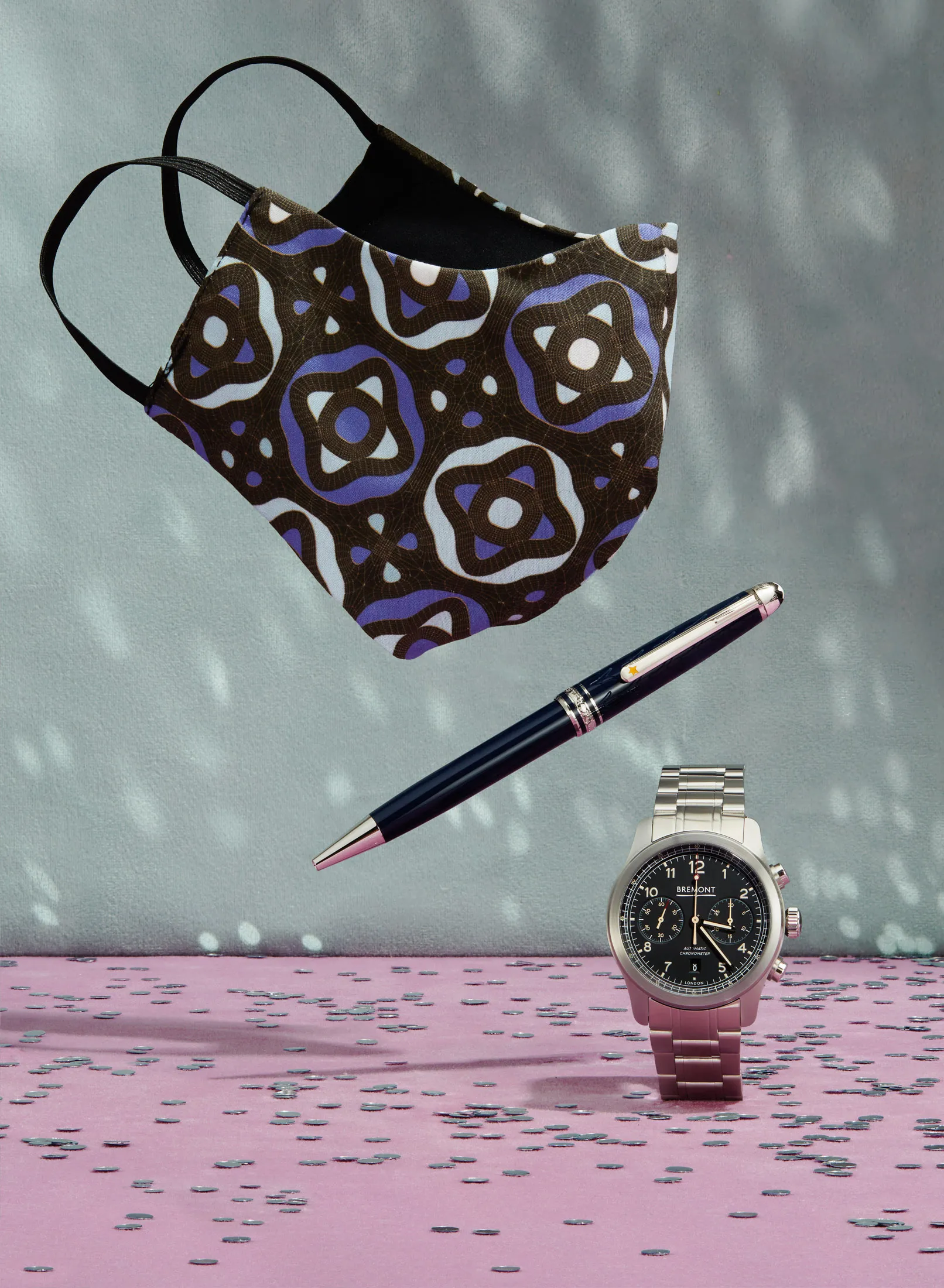 A ThreeAsFour face mask, the Montblanc Meisterstück Le Petit Prince Classique ballpoint, and the Bremont ALT1-C Griffon pilot’s watch.