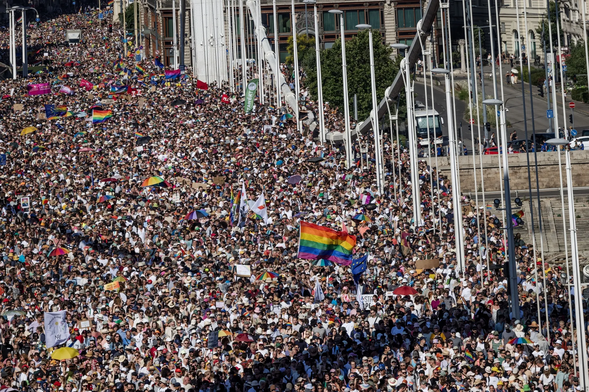 Budapest Pride participants cross Elisabeth Bridge on June 28.
