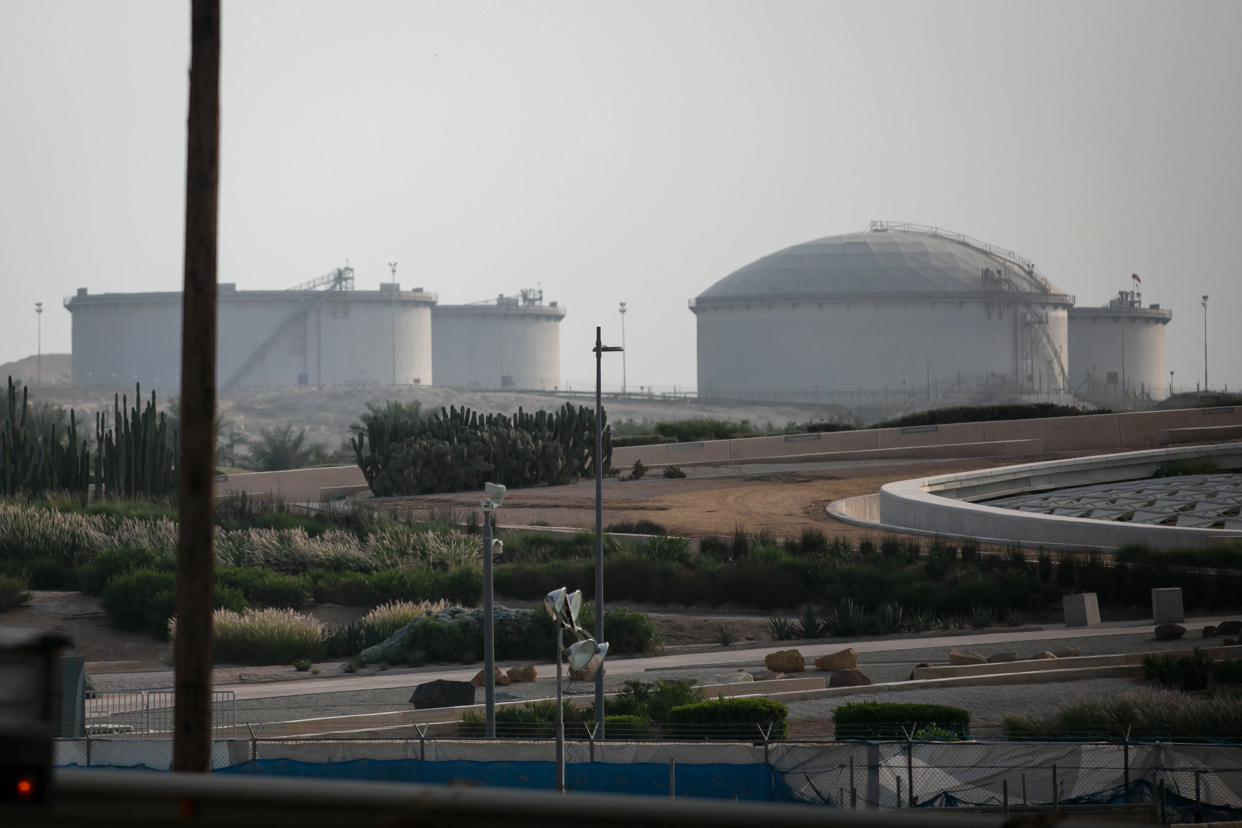 Oil storage tanks, operated by Saudi Aramco, near Dhahran, Saudi Arabia.