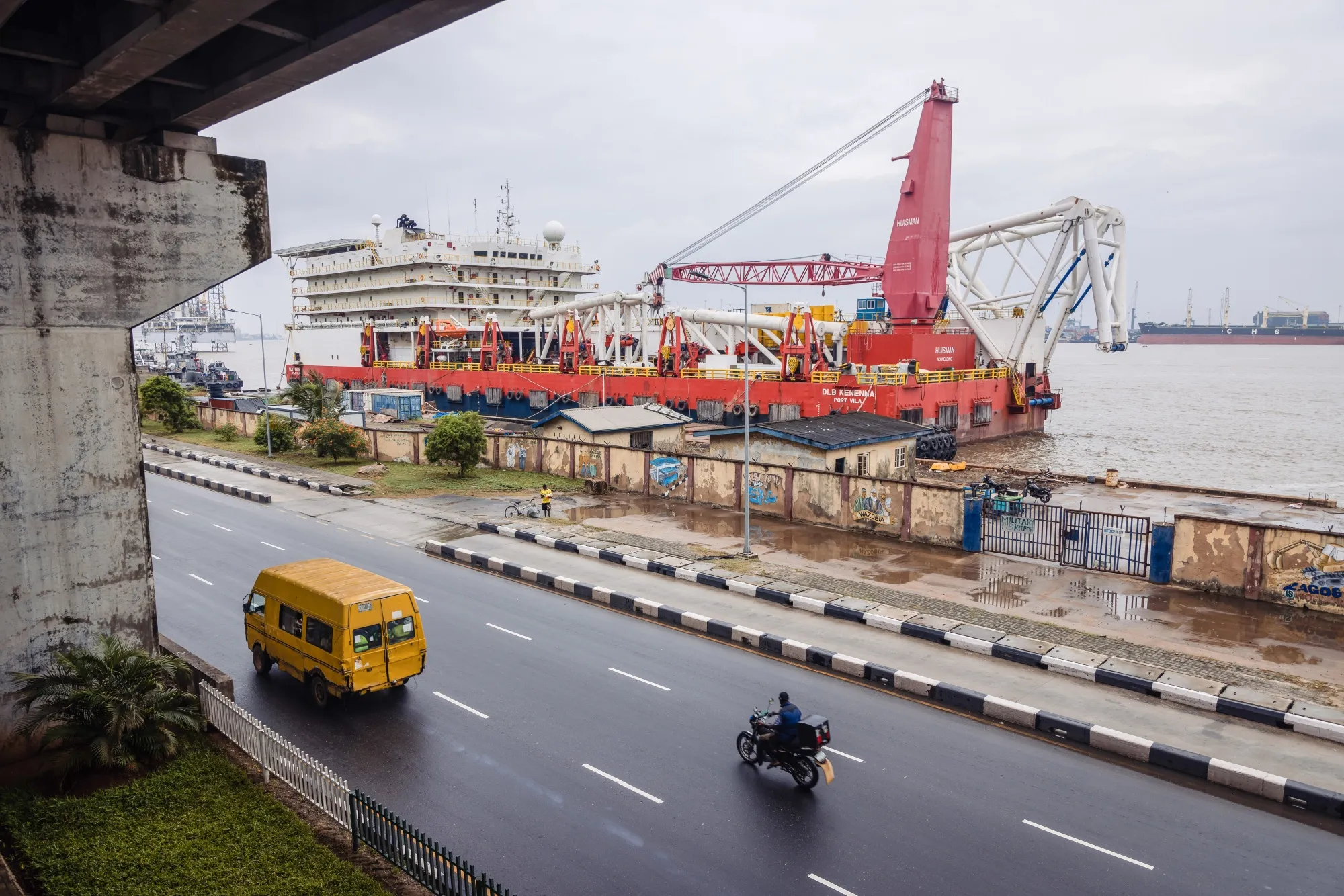 The DLB Kenenna pipe-laying vessel in Lagos Lagoon, opposite a highway in Lagos, Nigeria.