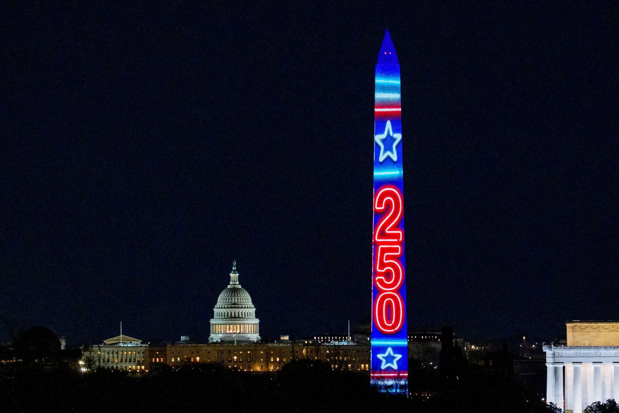 The number 250 projected on the Washington Monument during an America250 kickoff celebration in Washington on Dec. 31.