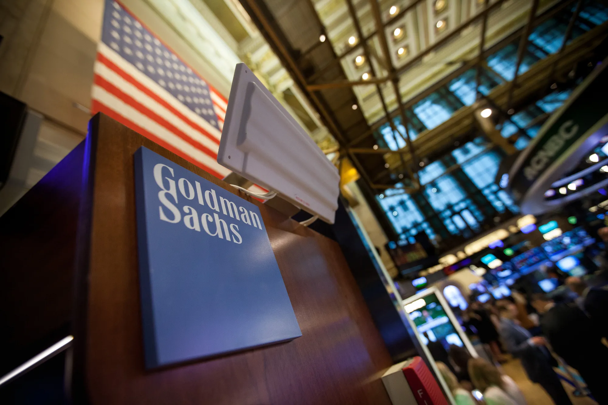 Goldman Sachs signage on the floor of the New York Stock Exchange.