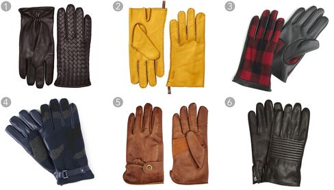 (1) Ebano nappa gloves, Bottega Veneta $480, bottegaveneta.com; (2) Jacob gloves, Hestra $115, hestragloves.com; (3) leather gloves in buffalo plaid, J.Crew $98, jcrew.com; (4) camouflage cashmere-and-leather gloves, Valentino $595, mrporter.com; (5) Gipson gloves, Belstaff $225, belstaff.com; (6) leather biker gloves, Burberry $650, burberry.com.