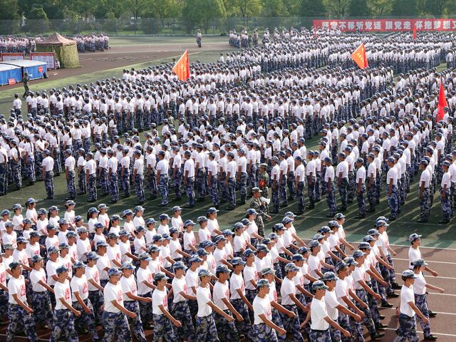 The 2023 freshman military training parade held at Three Gorges University in Yichang, Hubei Province, China, in September. 