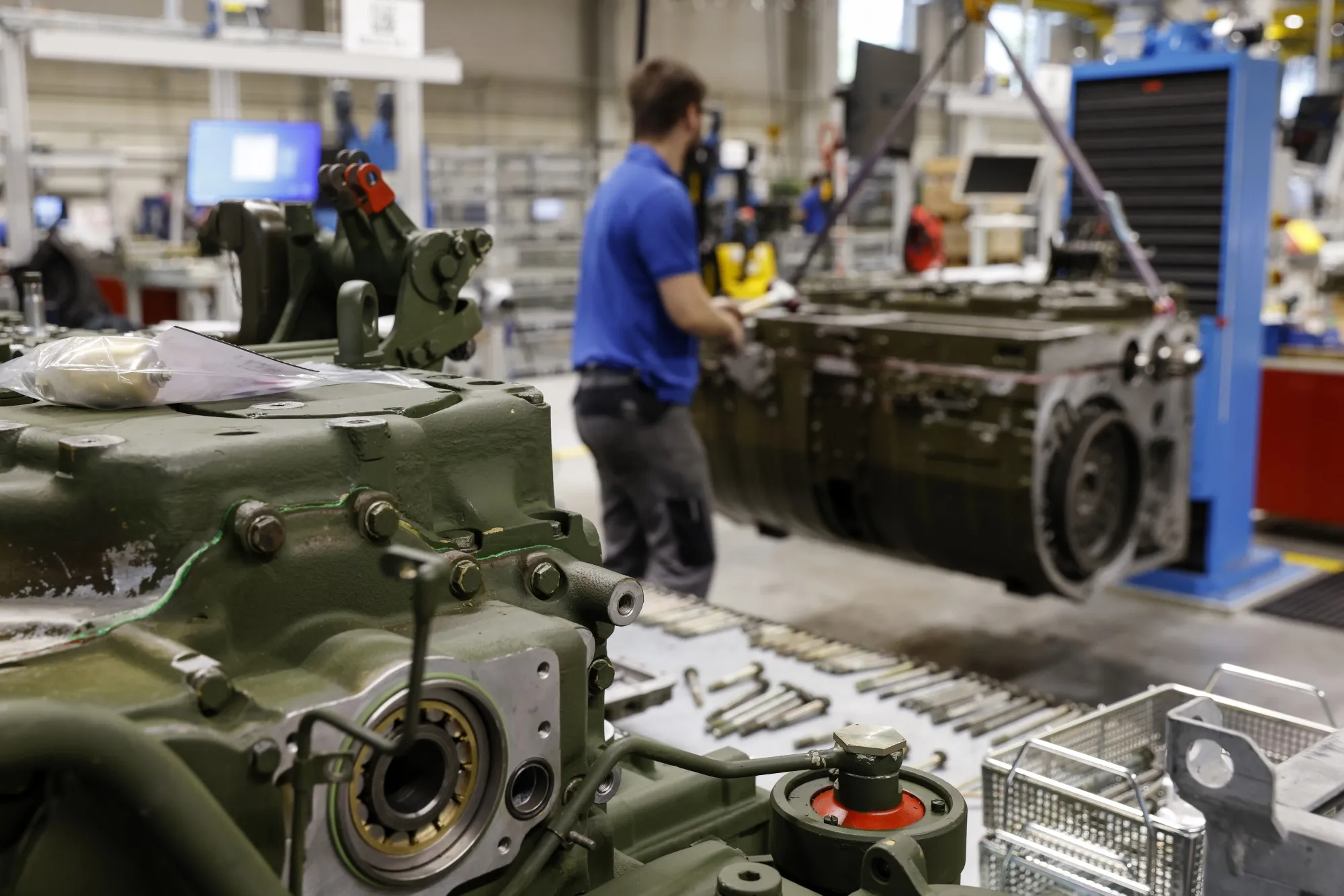 A Leopard 2 tank transmission on the production line at a Renk AG plant in Germany.